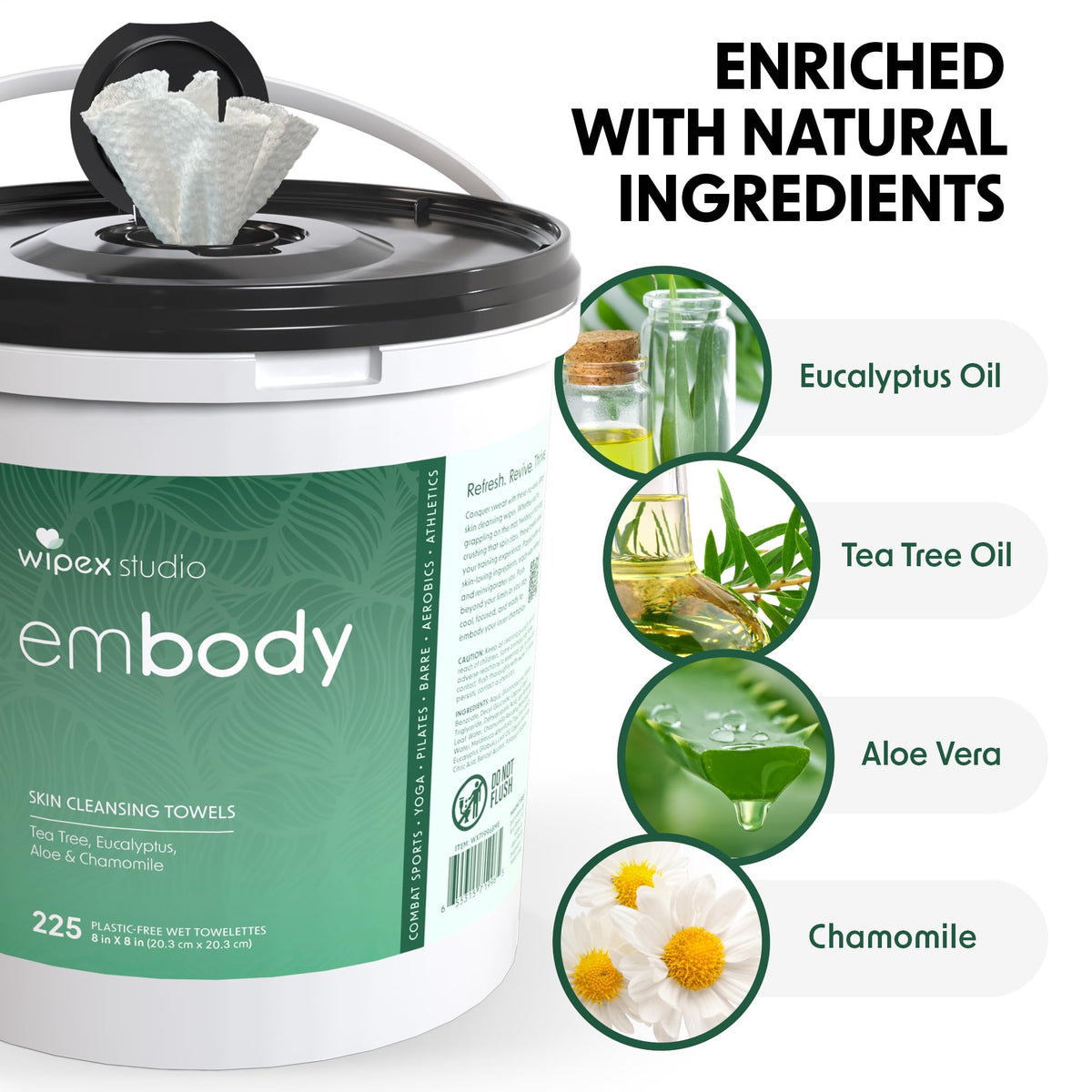 Toallitas de Yoga y Cuerpo Wipex Naturales, con Aceite de Árbol de Té y Eucalipto, Gruesas y Xtra-Gruesas, Seguras para Cara, Cuerpo y Superficies, Cubo de 225 Toallitas