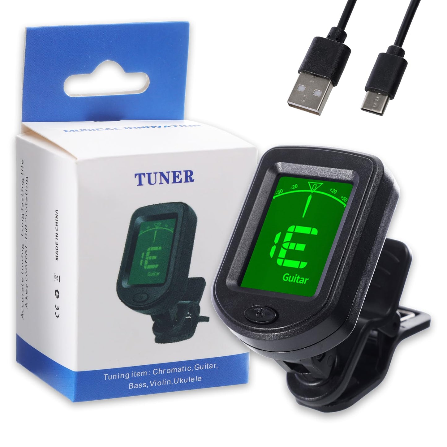 Afinador de Guitarra, Afinador de Guitarra con Pantalla LCD, Afinador Electrónico con Clip para Guitarra Acústica, Guitarra Eléctrica, Violín, Recargable (Afinador de Guitarra(recargabilidad))