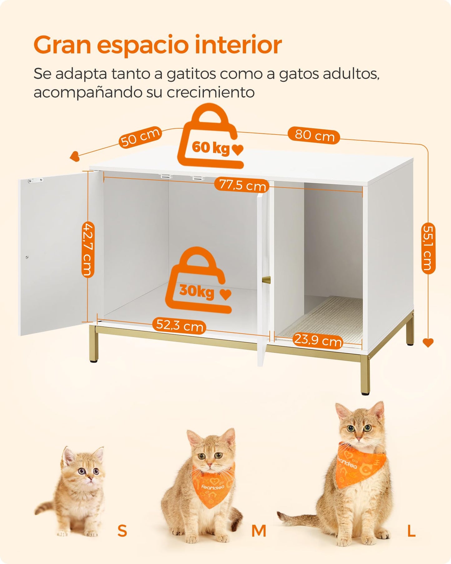 Feandrea Mueble Arenero, Mueble de Caja Arenero para Gatos,con Alfombrilla Rascadora, Patas Altas, 80 x 50 x 55 cm, Blanco y Dorado MPCL007W01