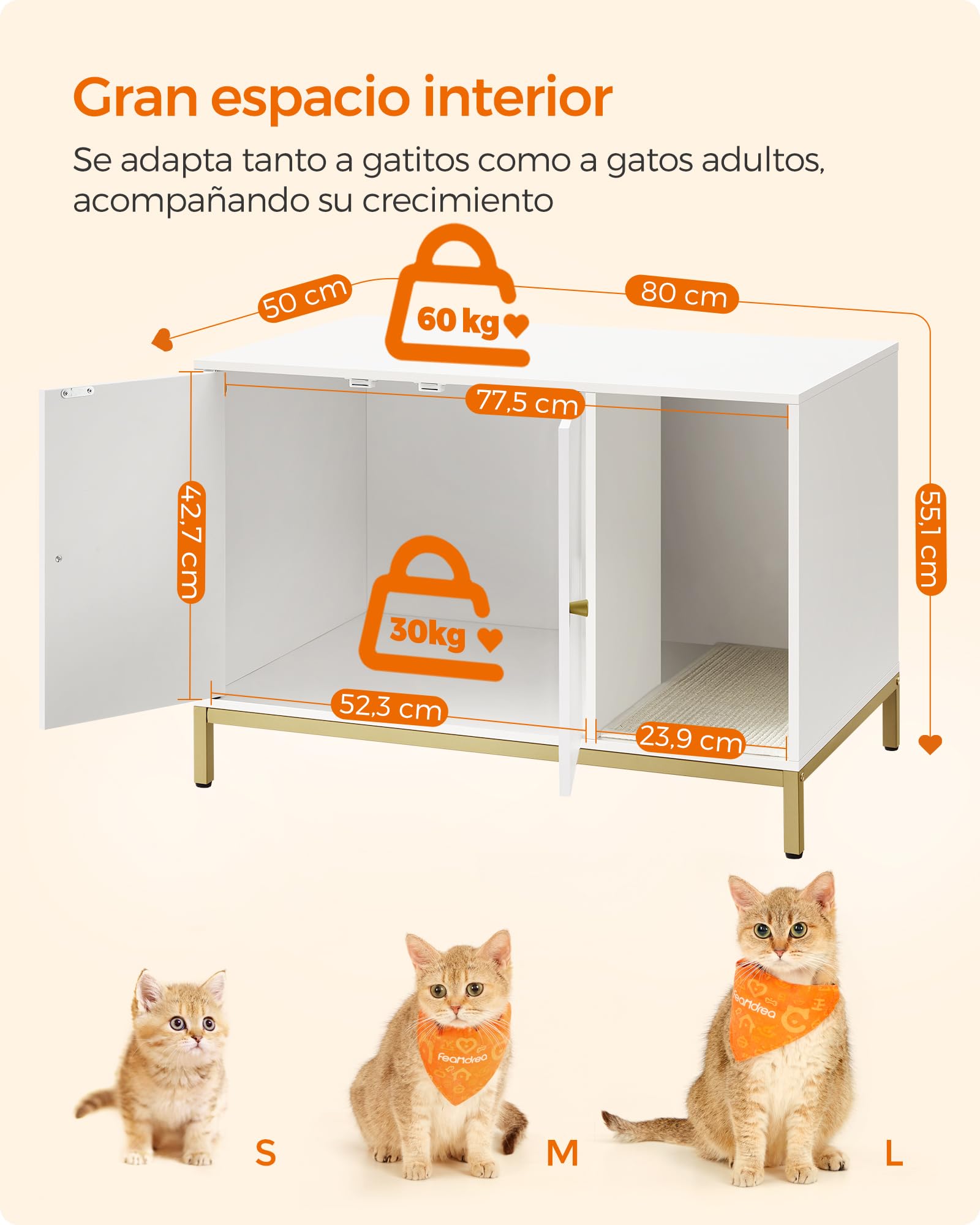 Feandrea Mueble Arenero, Mueble de Caja Arenero para Gatos,con Alfombrilla Rascadora, Patas Altas, 80 x 50 x 55 cm, Blanco y Dorado MPCL007W01
