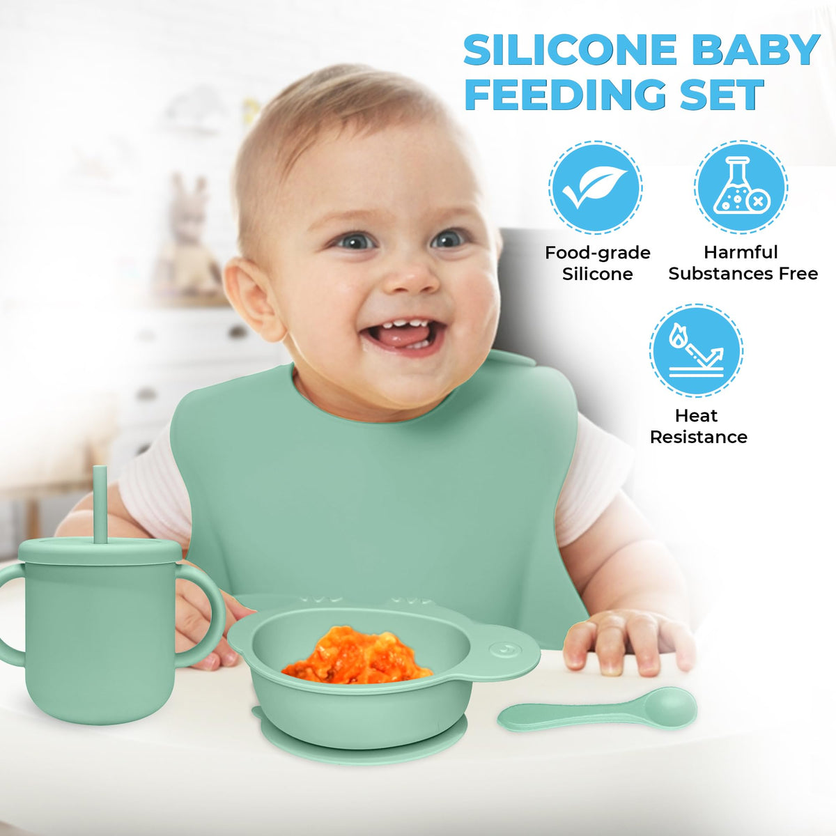 DELICADOU Set De Alimentación De Silicona para Bebés - 9 Piezas - Utensilios para La Primera Etapa De Alimentación De Alimentos Sólidos. A Partir De Los 6 Meses. Forma De Tortuga.