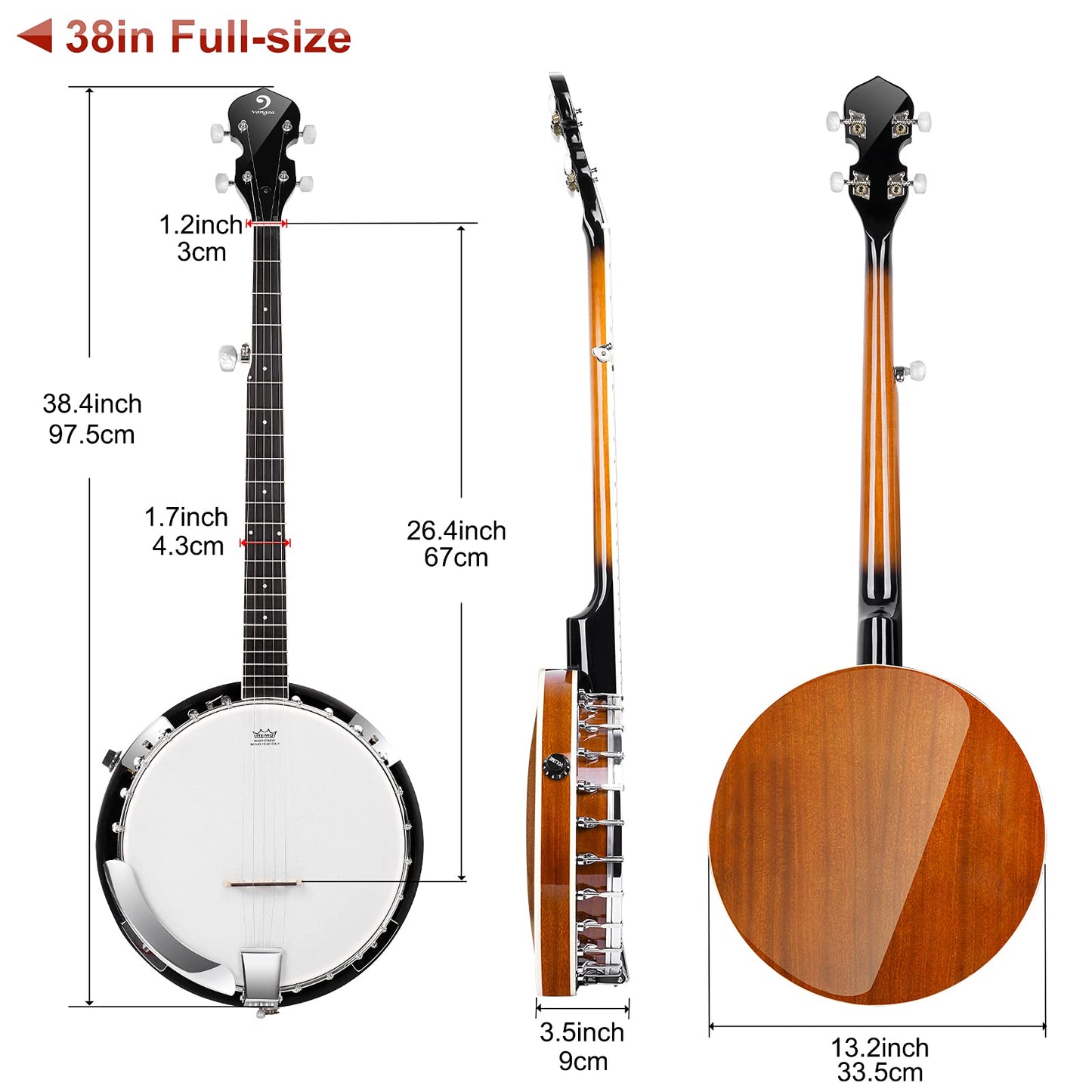 Vangoa Banjo - Juego de 5 cuerdas y acústicos eléctricos de tamaño completo con cabeza de retorno de caoba, cabeza de retorno, banjoe, 24 soportes con 5ª clavijas para principiantes y adultos