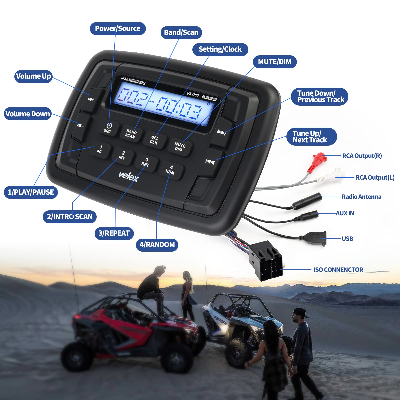 Radio Estéreo Velex Powersport Marine Bluetooth Blanco con Sintonizador AM FM para UTV ATV