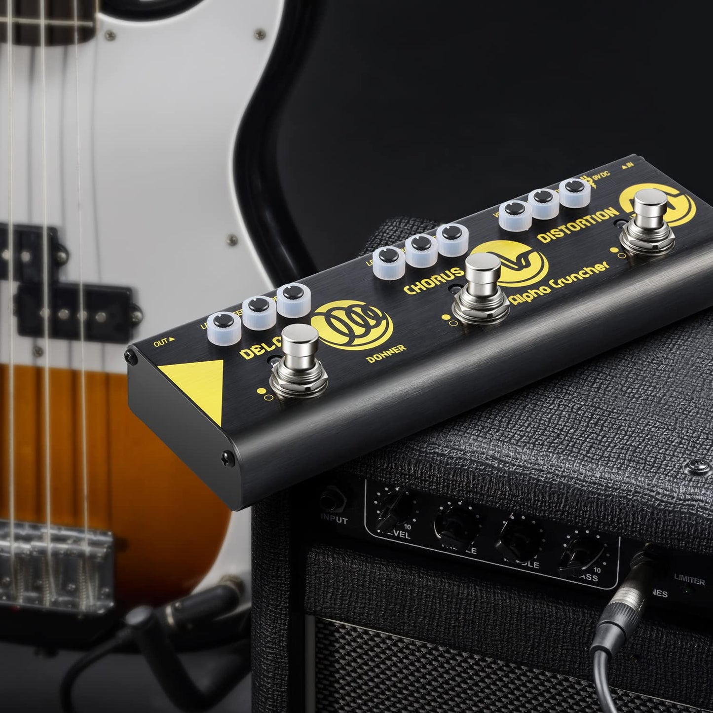 Donner Multi Pedal de efecto guitarra efectos de Cruncher 3 tipo de Alpha retardo Chorus Pedal de distorsión con adaptador