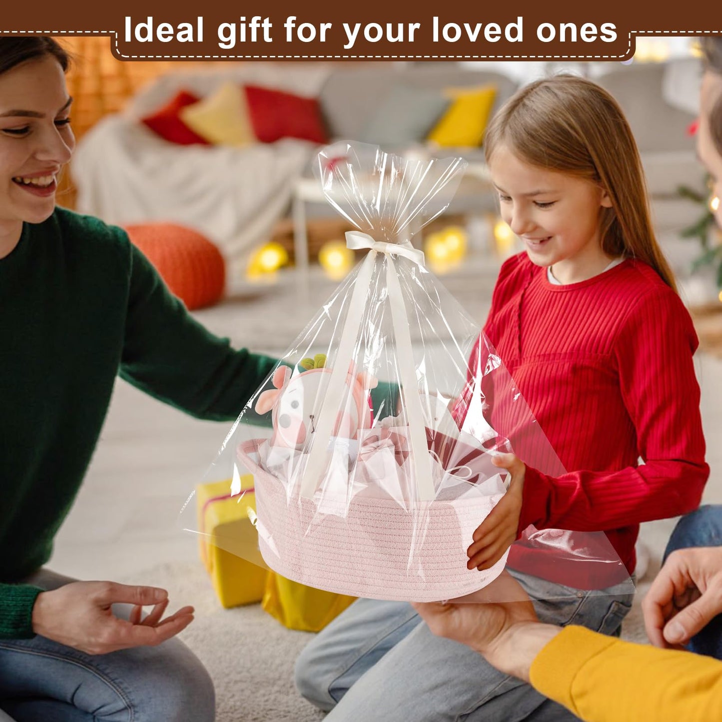 OIAHOMY - Cesta de regalo con asa, cesta tejida de 13.4 x 10 x 5.5 pulgadas, con bolsa de regalo, cinta y papel de seda, contenedores vacíos para llenar con toallas, bebé, organizador de juguetes para