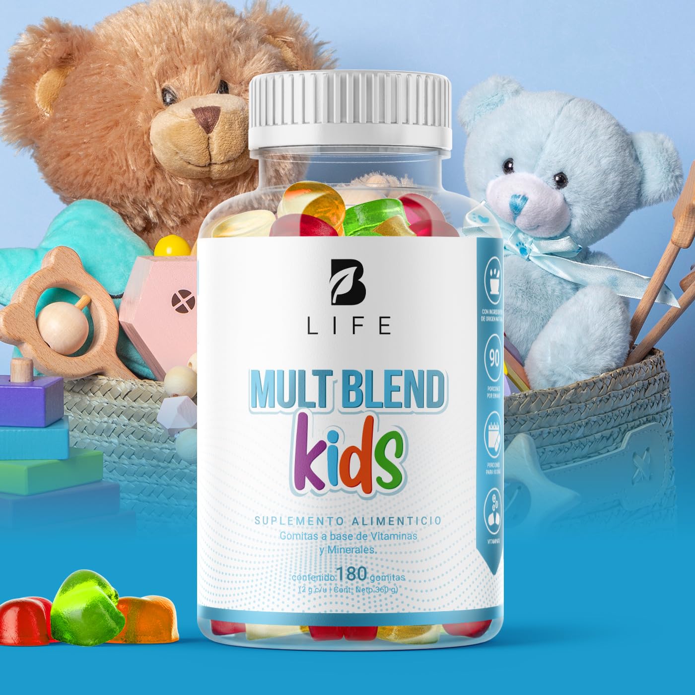 B Life Company Mult Blend Kids Gummies 180 gomitas SIN AZÚCAR añadida. Ingredientes naturales: Vitaminas y Minerales. Mult Blend Kids.
