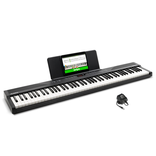 Alesis Teclado piano con 88 teclas y 480 sonidos, altavoces, MIDI USB, atril, adaptador de corriente y lecciones de piano para principiantes