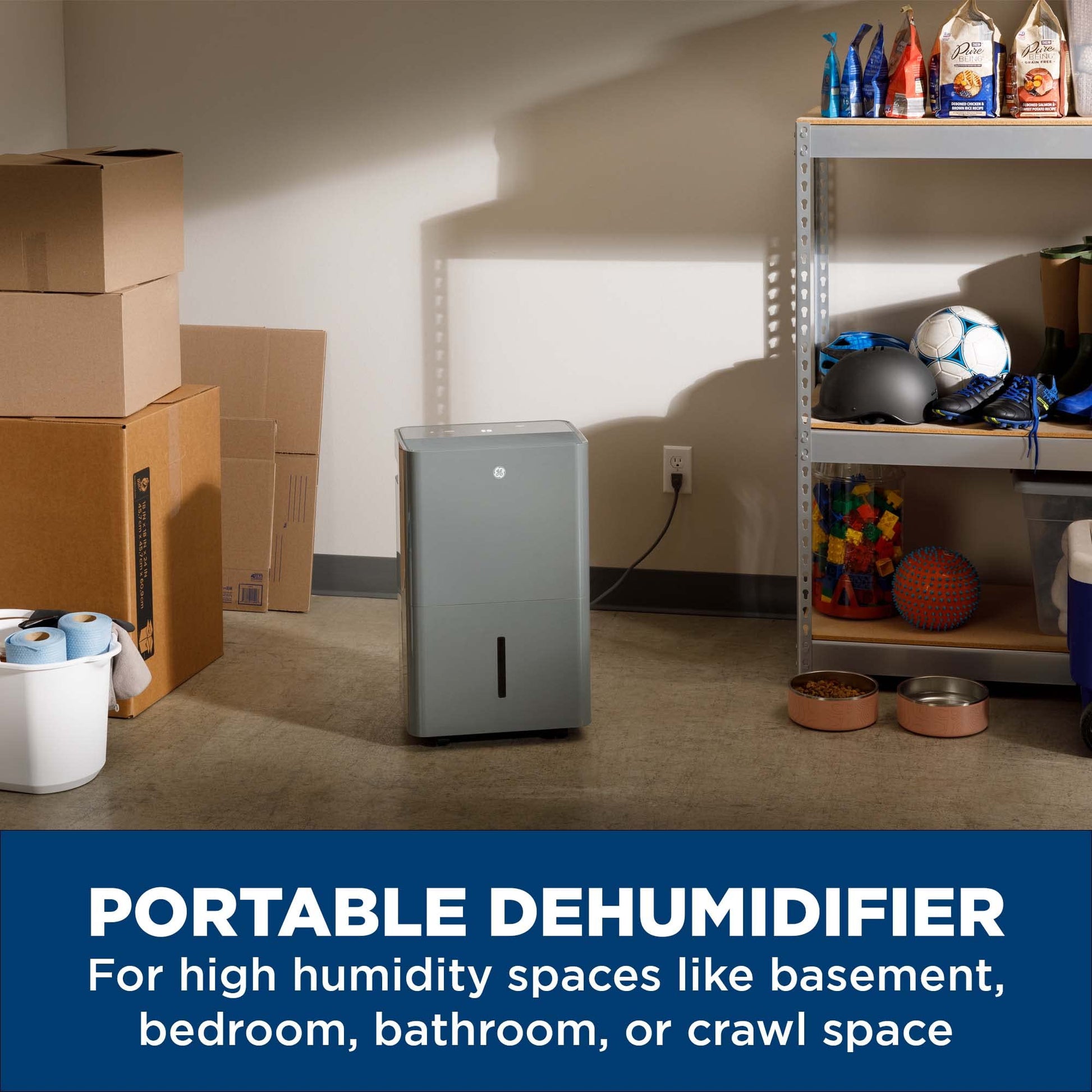 GE Smart Energy Star Deshumidificador portátil con WiFi para sótano, recámara, baño, cochera, habitaciones grandes de hasta 4500 pies cuadrados, 50 pintas con cubeta extraíble y conexión de drenaje