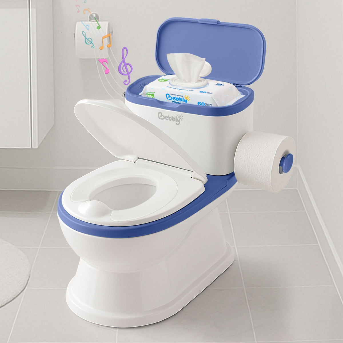 BEBBLY Bañito Entrenador Infantil con Sonido Musical Portarrollo y Almacenamiento Asiento Antiderrapante para Niños y Niñas de 6 Meses a 3 Años Fácil de Limpiar Ideal para Aprender a Ir al Baño (Azul)