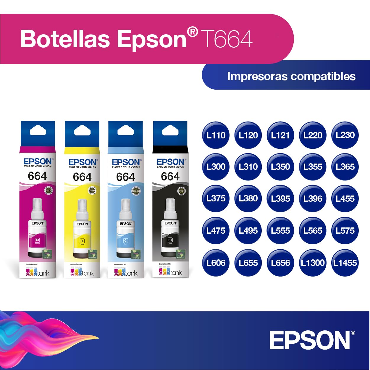 Botellas de Tinta Epson Ecofit Negro Cian Magenta Amarillo T664 4 Unidades