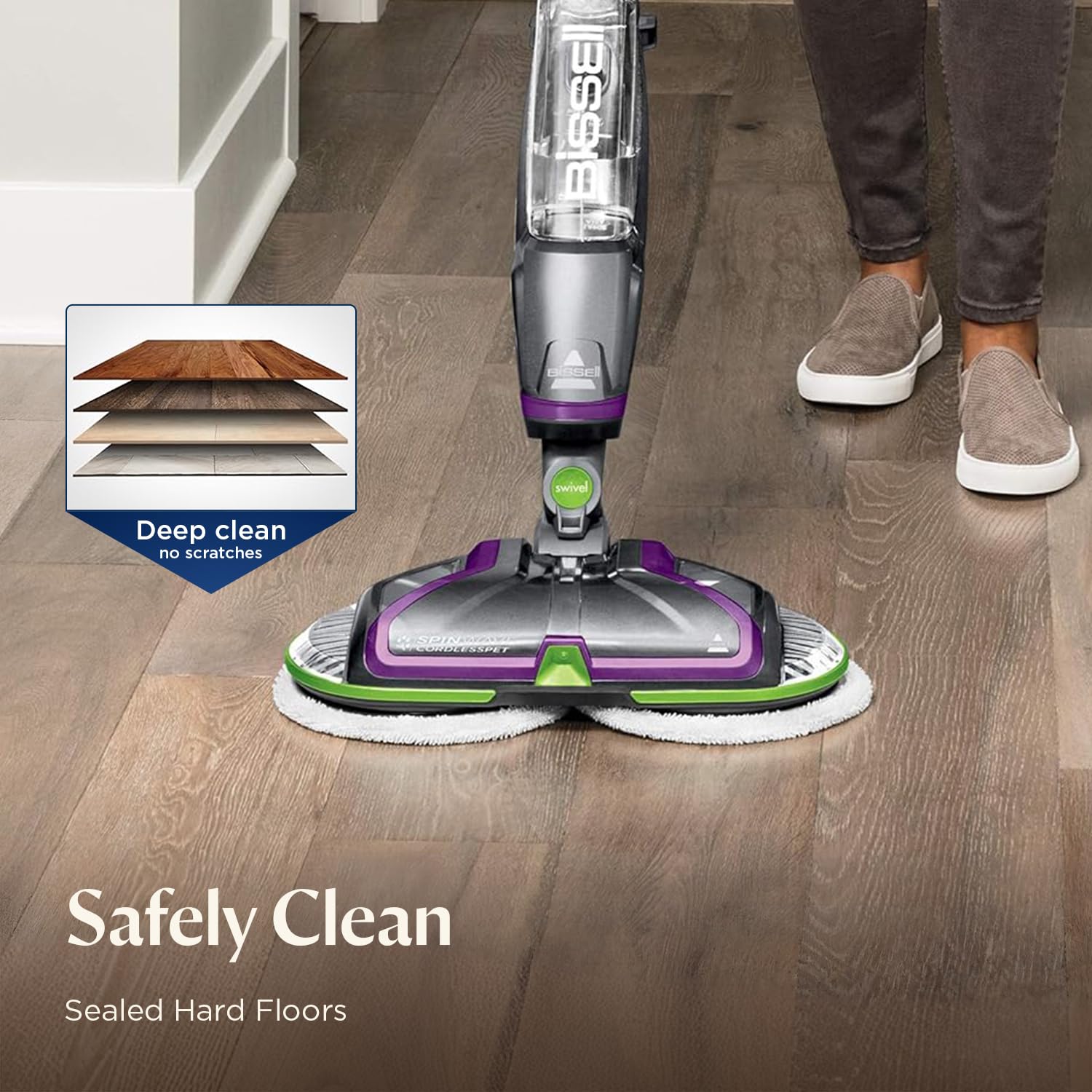 Bissell SpinWave 23157 - Mopa inalámbrica para Piso Duro, Color Verde y Plateado