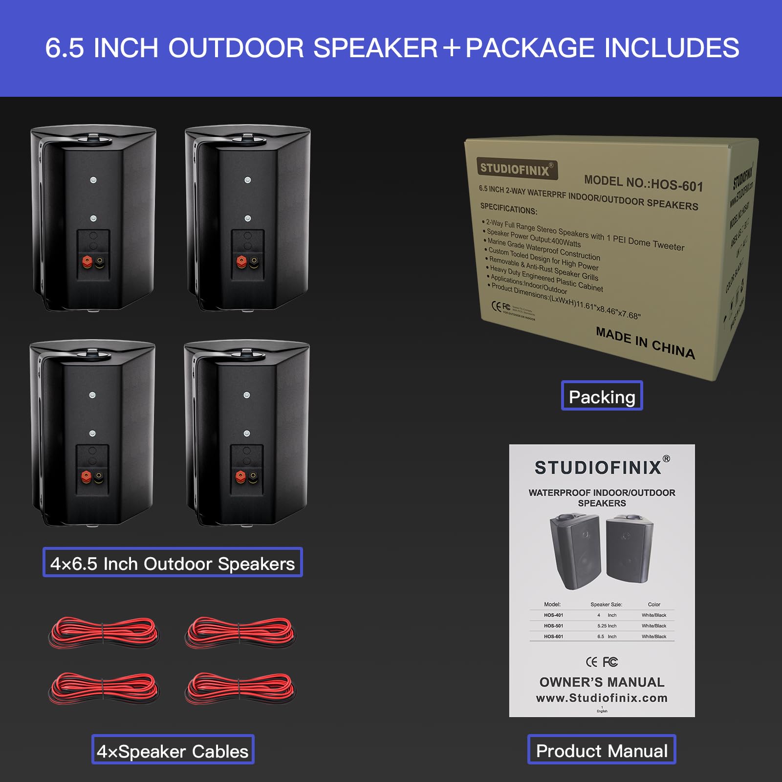 STUDIOFINIX Altavoces pasivos de Exterior de 6,5 Pulgadas con 800 vatios y Graves potentes, Altavoces de Pared Resistentes al Agua para el Patio de casa, el Porche y el jardín (2 Pares, Negro)