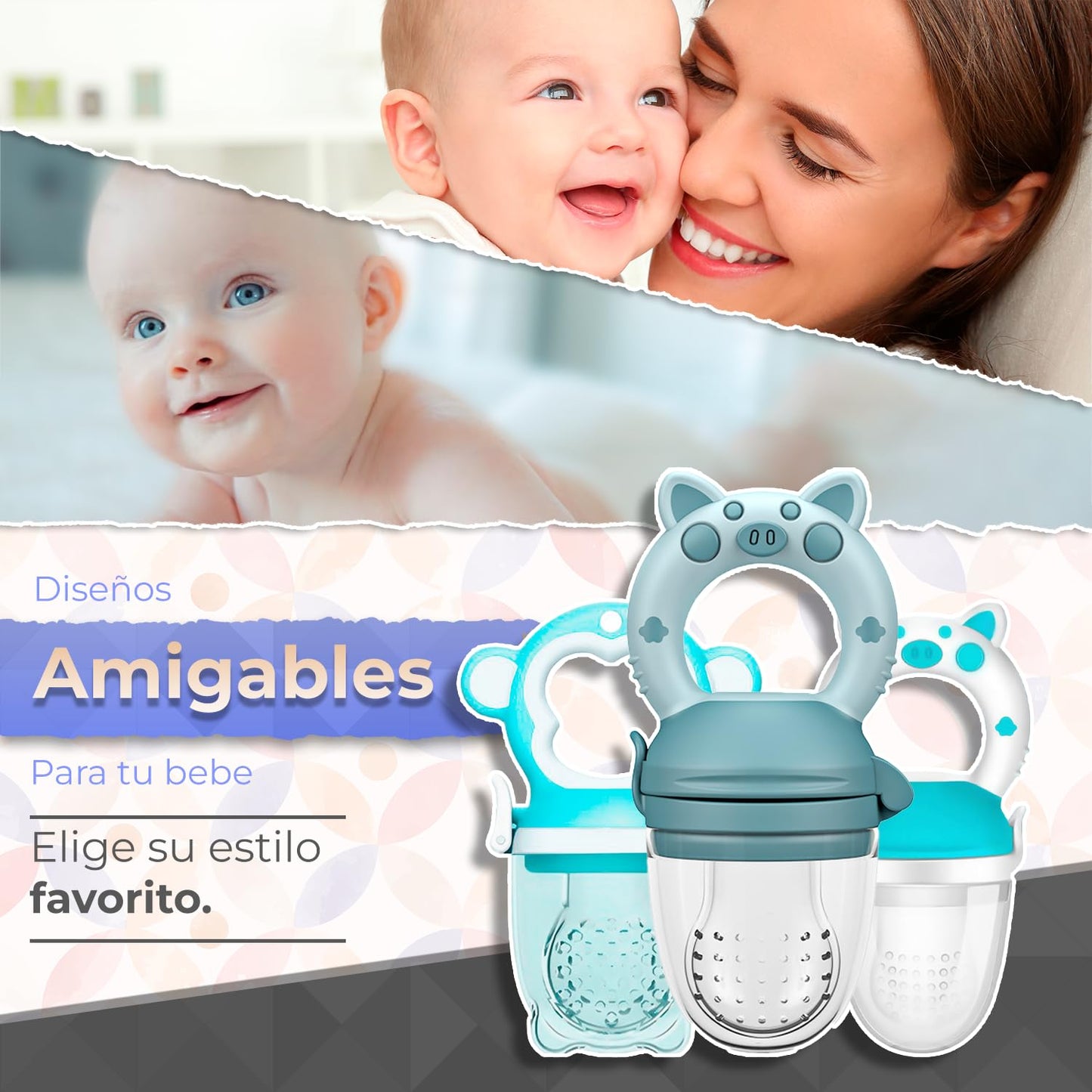 Chupones alimentadores para frutas y papillas con tapa libre de bpa, dibujos animados, 4m+ 3 piezas (pig azul / pig blanco azul / monkey azul)