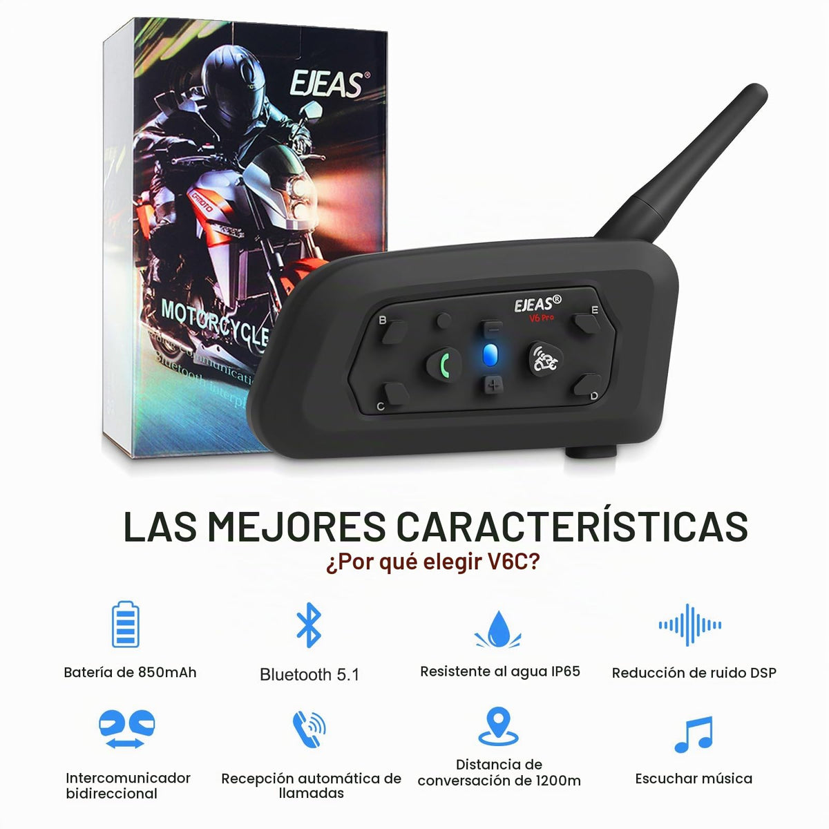 Intercomunicador Bluetooth EJEAS V6C Negro 1200M con Auricular y Brazalete para Árbitros de Fútbol y Deportes (2 Pack)