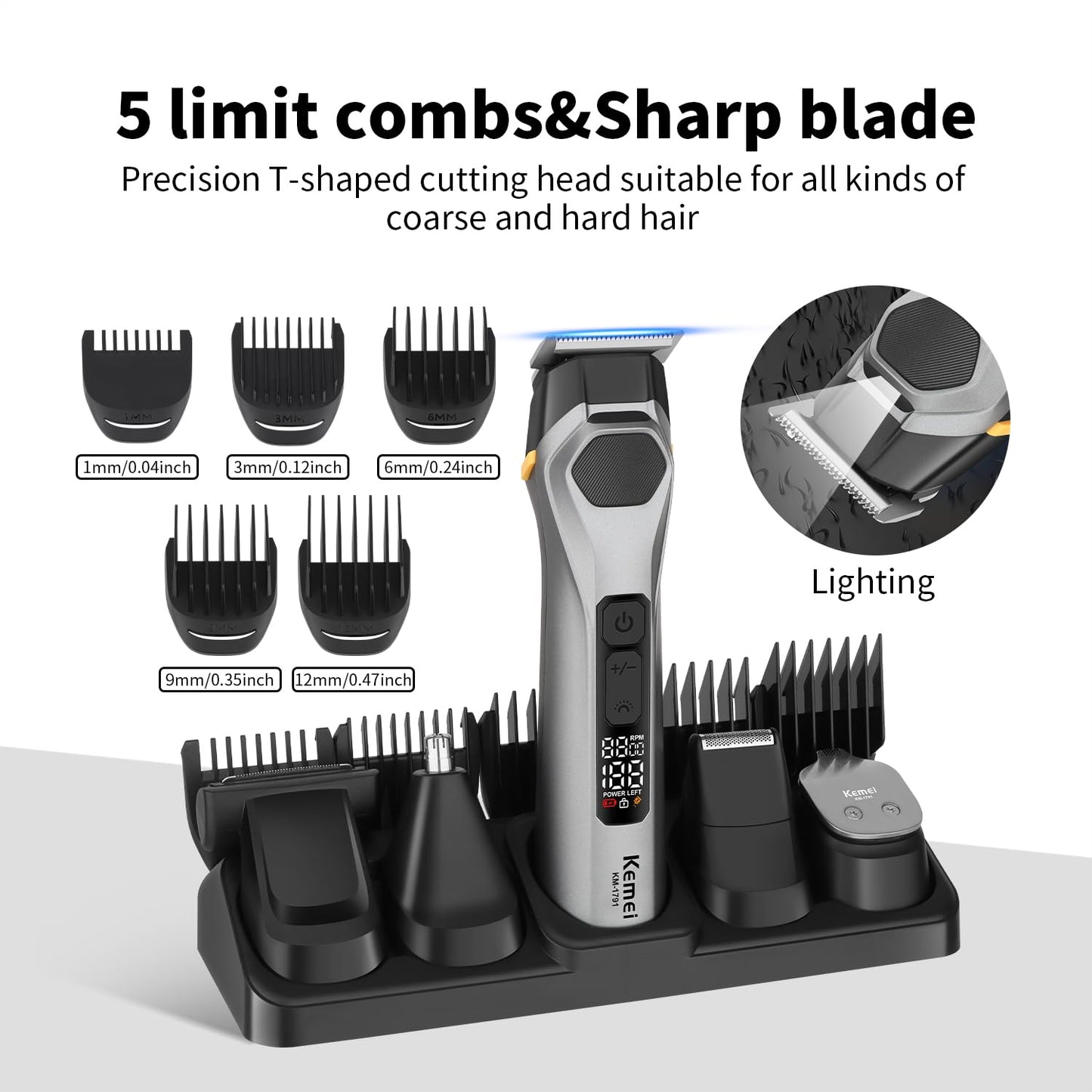 KEMEI Professions - Recortadora de barba para hombre, inalámbrica, IPX6, impermeable, para hombre, para iluminación nocturna, lámpara recargable para nariz, cuerpo, cara y bigote con pantalla LED
