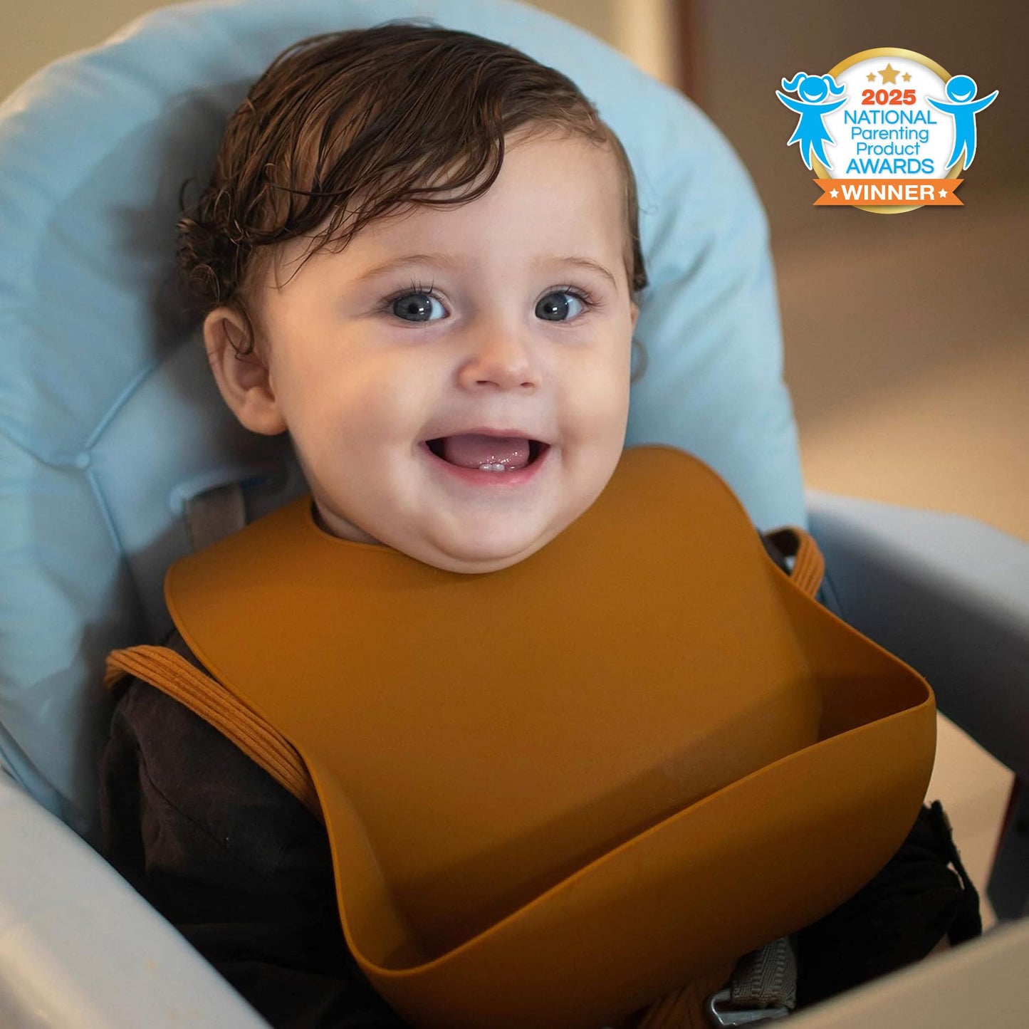 Moonkie - Juego de 3 baberos de silicona para bebé, sin BPA, impermeables, para comer, baberos de silicona ajustables para bebés de 6 a 12 meses, baberos para niños pequeños con bolsillo para recoger