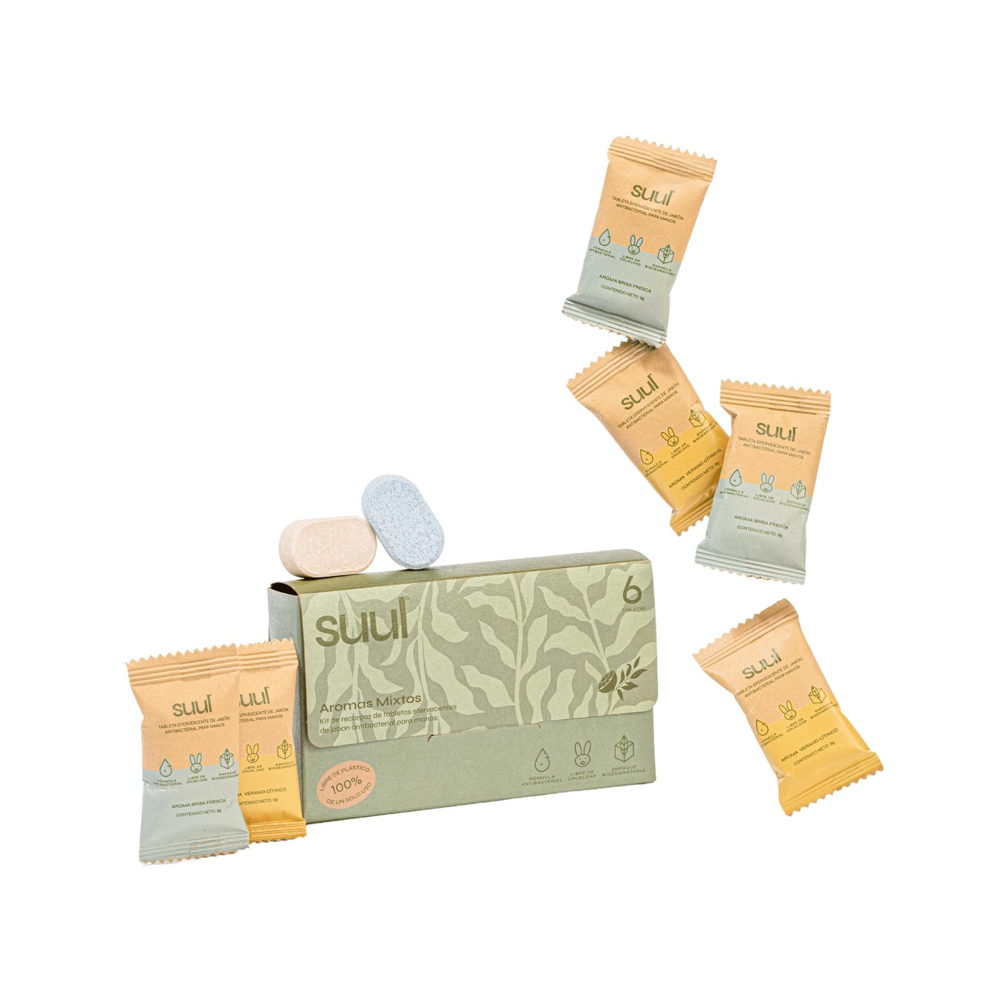 Suul Jabón Espuma para Manos (Kit de Refills) - 6 Tabletas | 3 Opciones de Aromas | Rinde 350ml. por tableta (2.1 L total) (Mixtos)