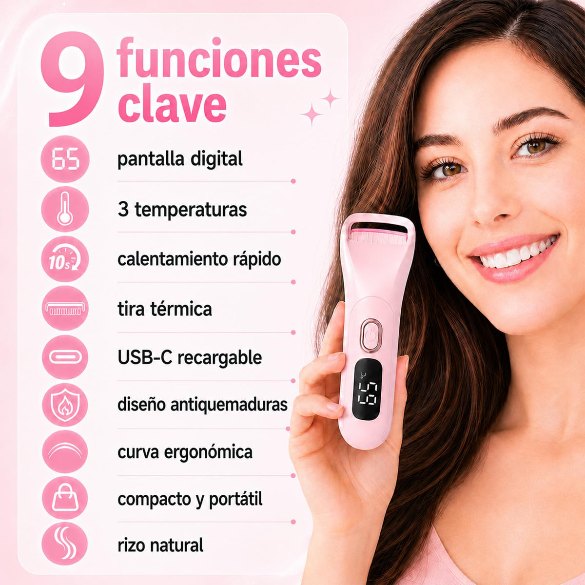 Rizador de pestañas calentado, mini rizador eléctrico de pestañas calentado portátil de tamaño de viaje (Rosa)