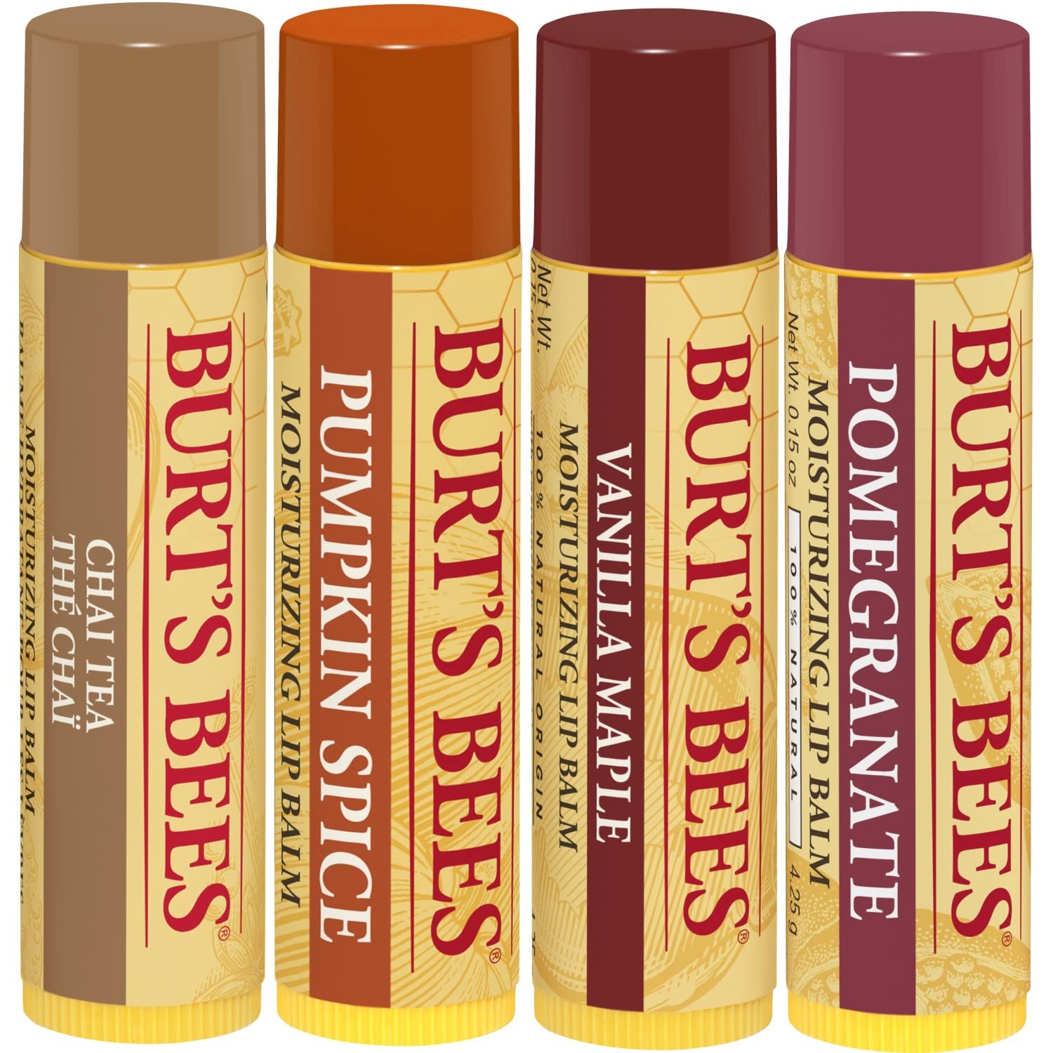Burt's Bees 100% Natural Moisturizing Lip Balm, Winter Variety Pack, Chai Tea, Pumpkin Spice, Vanilla Maple, Pomegranate, 4 Tubes of Lip Balm