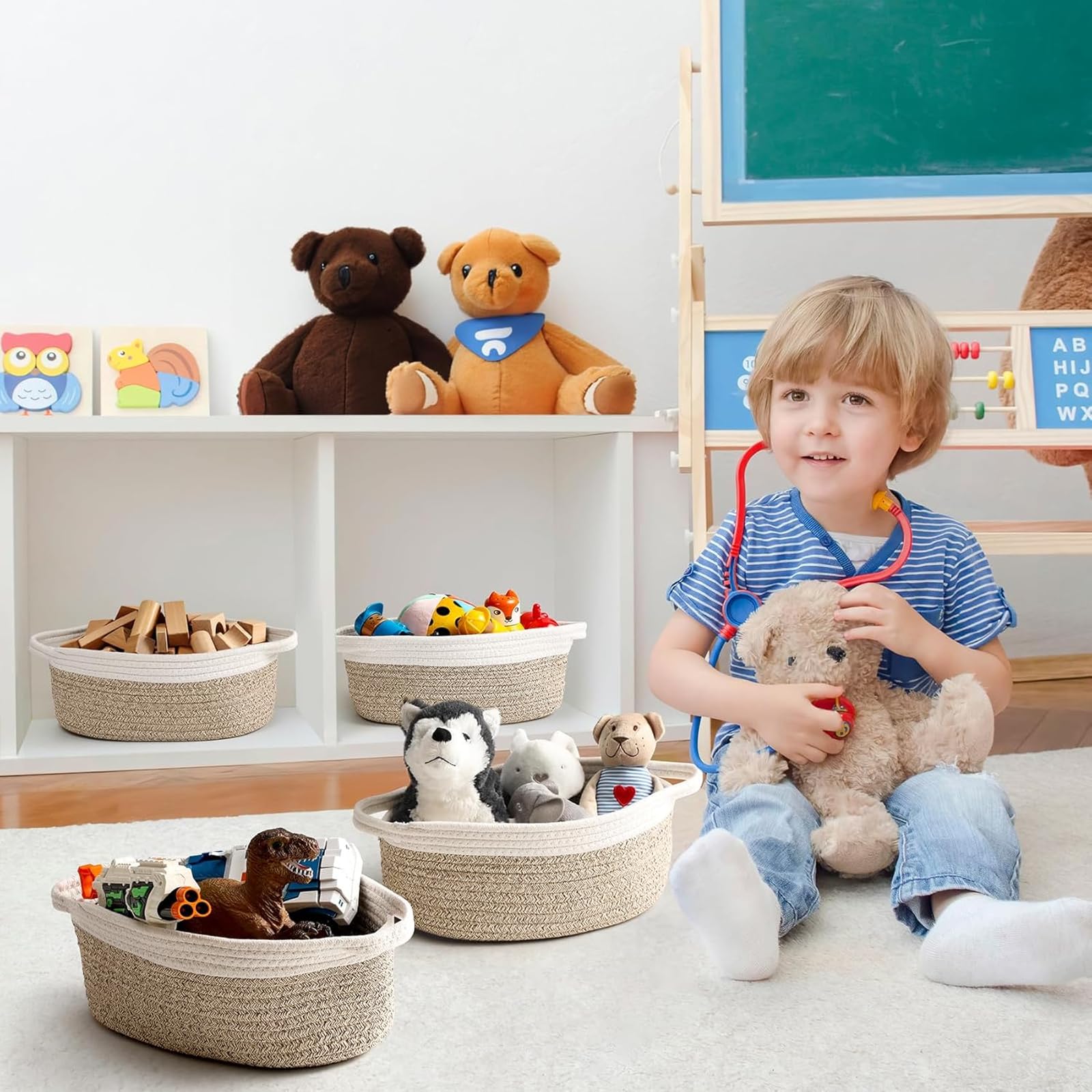 NUIO 5 Piezas Canastas Organizadoras Rectangulares de Algodón Natural con Asas, Caja Cestas de Almacenamiento,Ideal para Baño, Juguetes Infantiles, Clóset, Maquillaje y Organización del Baño (caqui)