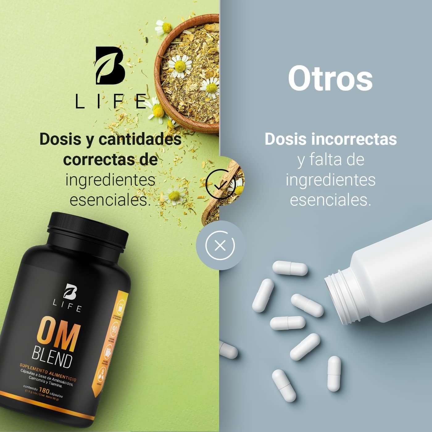 Gaba, Camomila, L-Tirosina, L-Teanina y Vitamina B1. 180 Cápsulas 500 mg. Ingredientes naturales. Om Blend B Life