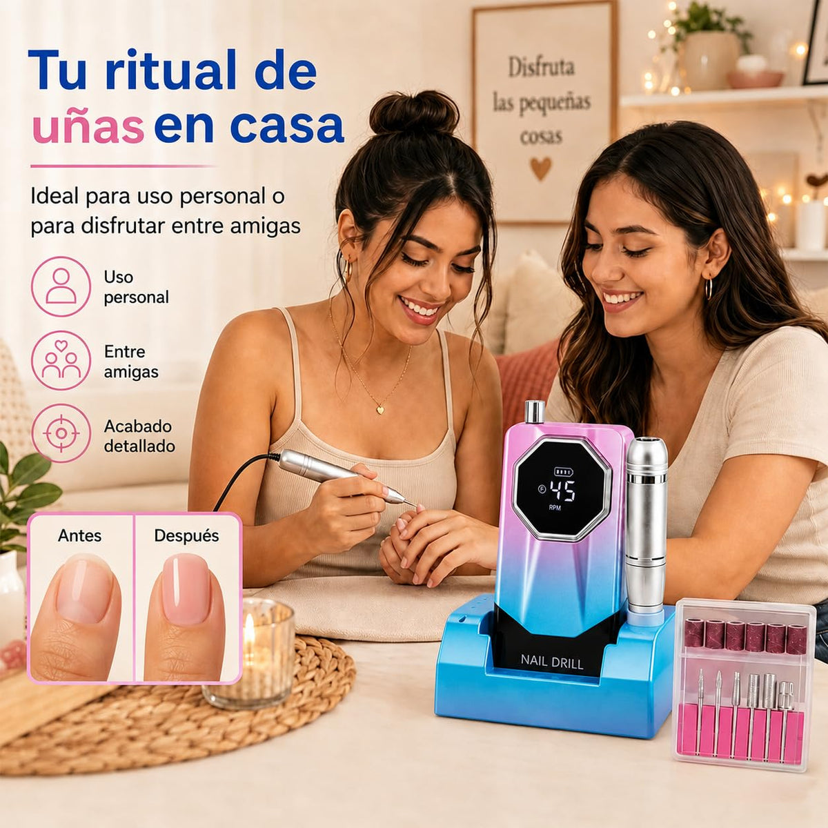 Esmerl para Uñas Eléctrica,Drill para Uñas Profesional 45000 rpm de Velocidad Ajustable con base de soporte,6 Drill Multifunción,Drill para Uñas Profesional de bajo ruido para uso doméstico y salón.