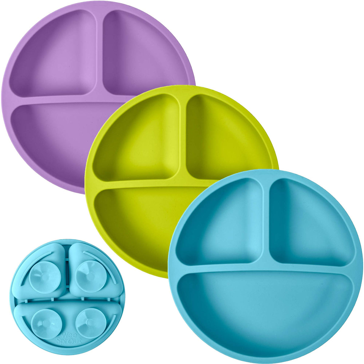 Platos de succión WeeSprout para bebés y niños pequeños - 100% silicona, vajilla que se mantiene en su lugar, diseño dividido para comedores exigentes, apto para microondas y lavavajillas, paquete de