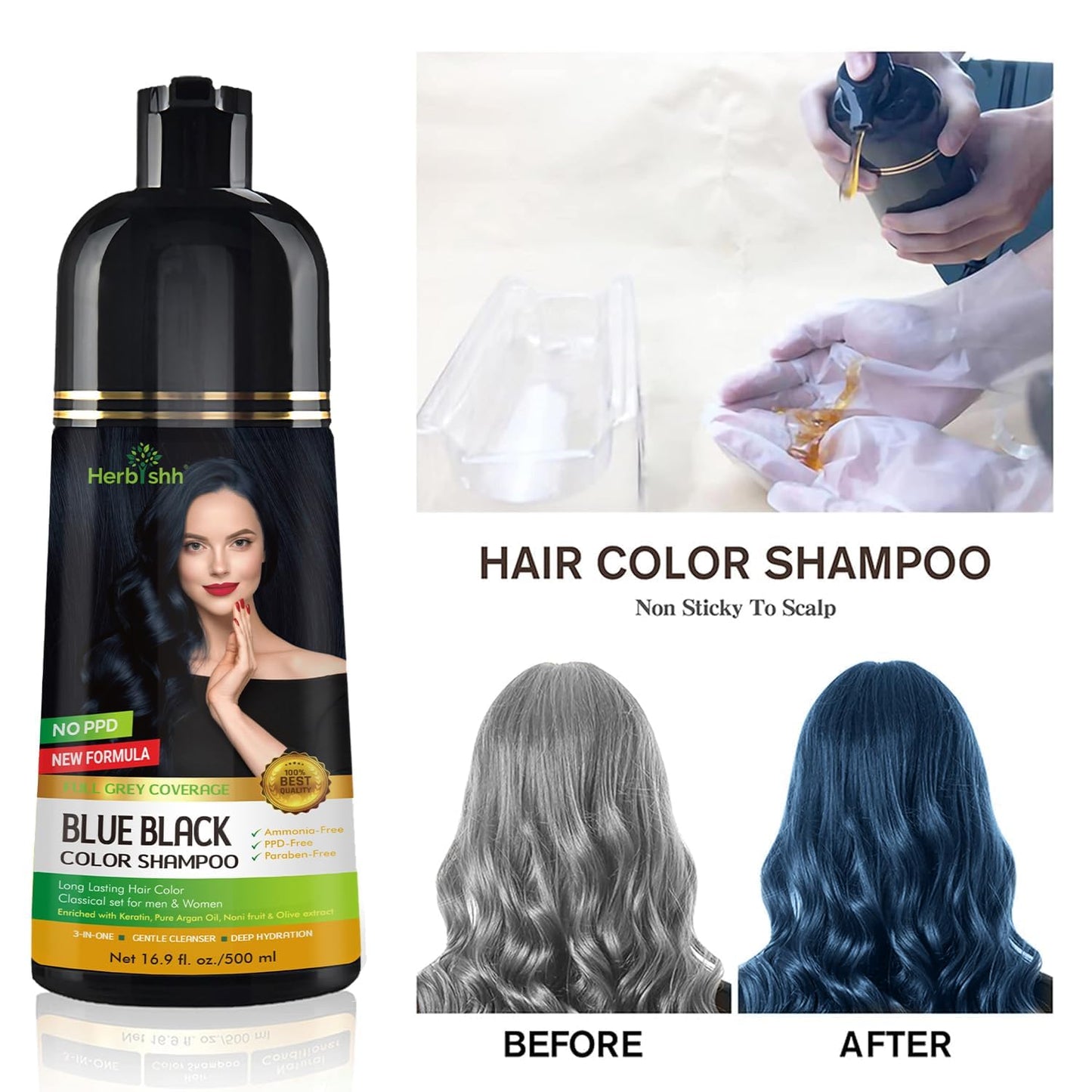 Herbishh Hair Color Shampoo for Gray Hair – Natural Hair Dye Shampoo – Colors Hair in Minutes – Lasts Up To 3-4 Weeks – 500 Ml – 3-In-1 Hair Color – Ammonia-Free | Herbishh (Blue Black)