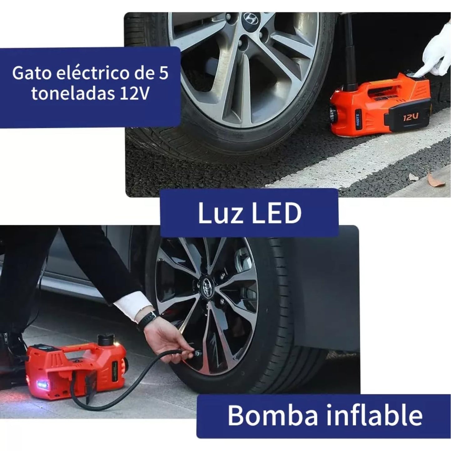 FIXITFAST Kit de Gato eléctrico de 5 toneladas y 12 V para Coche hidráulico con Llave de Impacto y Bomba de inflado de neumáticos y luz LED para neumáticos de Cambio de Camiones SUV, sedán