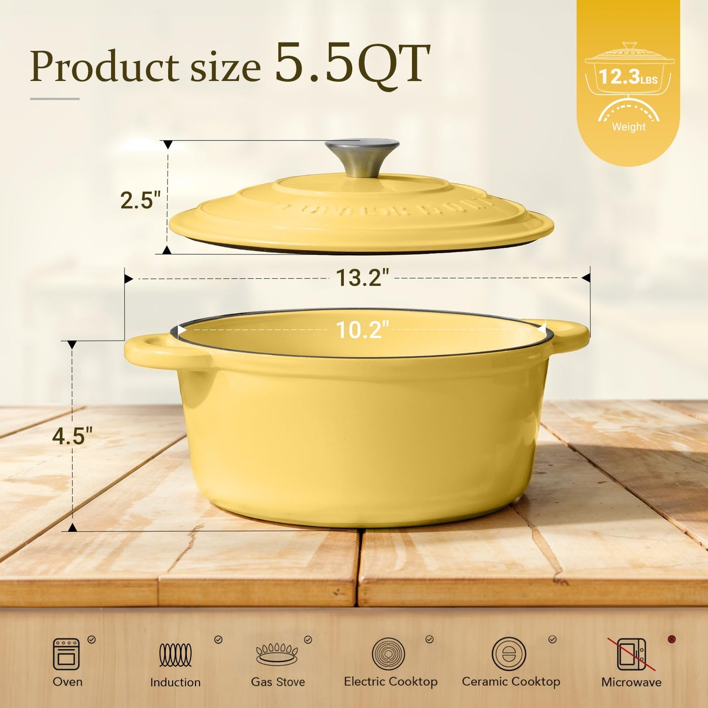 Overmont - Horno holandés de hierro fundido esmaltado, olla de 5.5 cuartos con tapa, libro de cocina y agarraderas de algodón, utensilios de cocina resistentes para estofar, guisos, asar, hornear pan