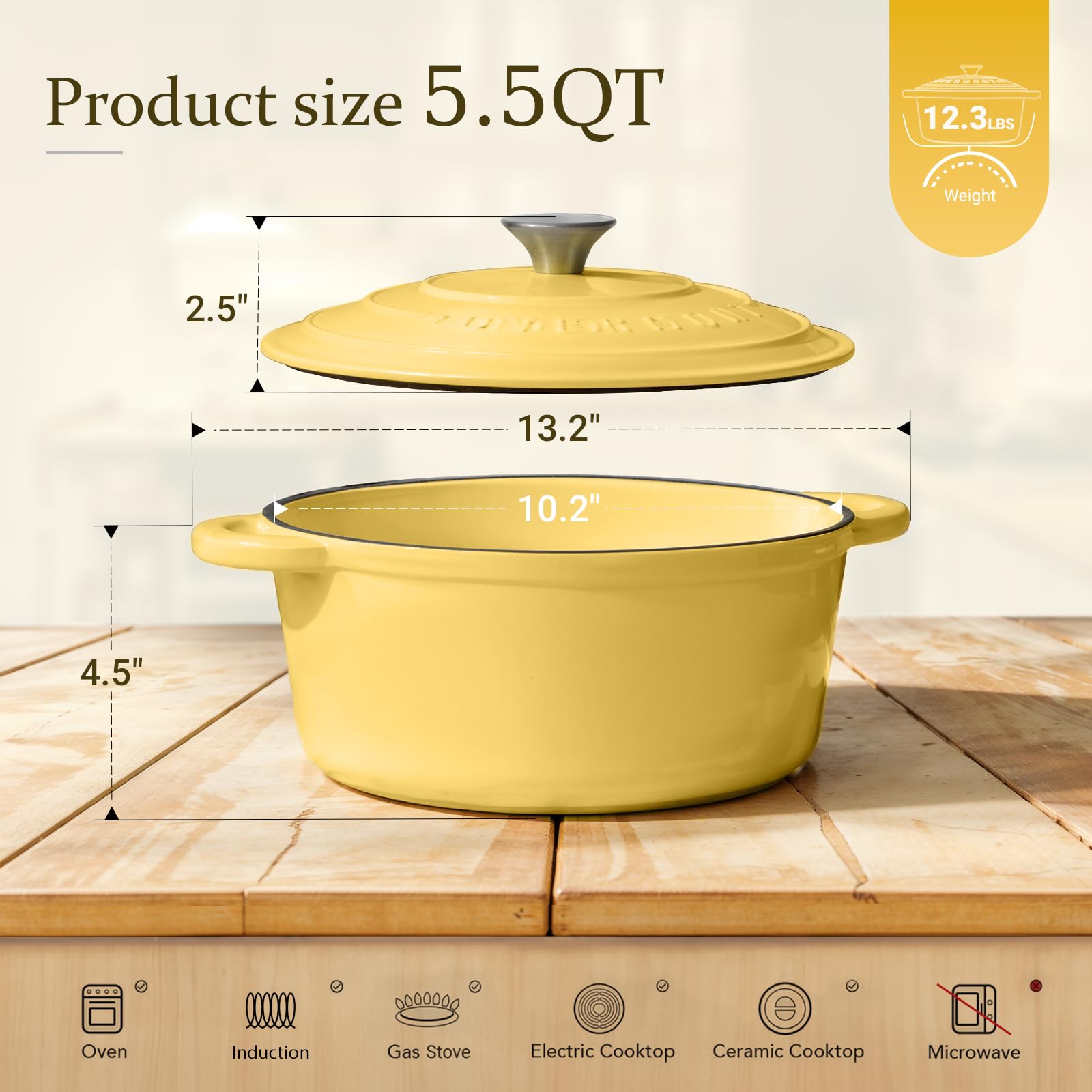 Overmont - Horno holandés de hierro fundido esmaltado, olla de 5.5 cuartos con tapa, libro de cocina y agarraderas de algodón, utensilios de cocina resistentes para estofar, guisos, asar, hornear pan