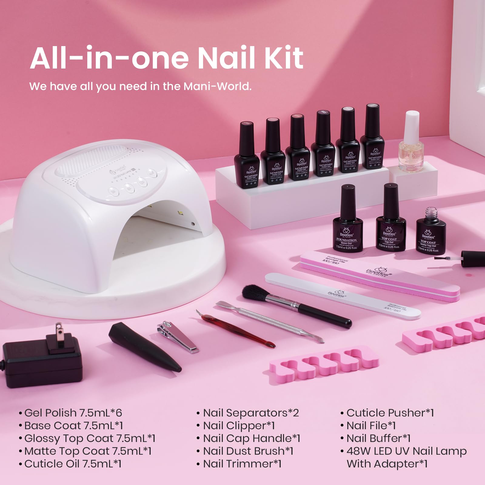 Kit de esmalte de uñas en gel Beetles con luz ultravioleta, lámpara LED de 48 W, 6 colores, kit de inicio de esmalte de uñas en gel nude, gris y rosa, manicura con remojo, regalo para niñas en casa