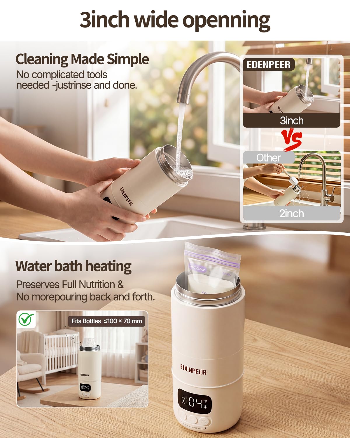 EDENPEER Calentador de botellas portátil, doble modo AC/DC Calentador de botellas de viaje para leche materna, fórmula y agua, calentamiento rápido de 120 W, calentador de leche portátil de 17 onzas