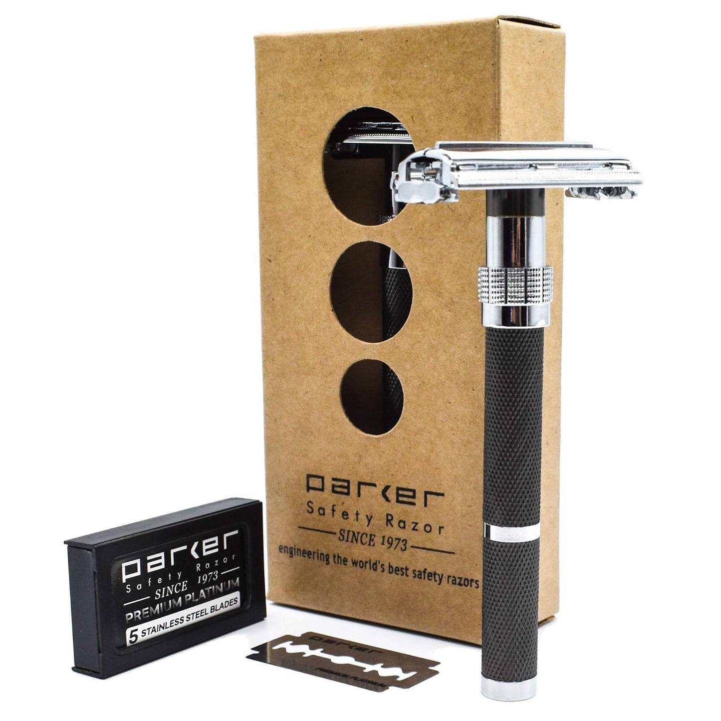 Parker 96R - Navaja de Afeitar de Seguridad Abierta de Mariposa de Mango Largo y 5 Cuchillas de Afeitar Parker