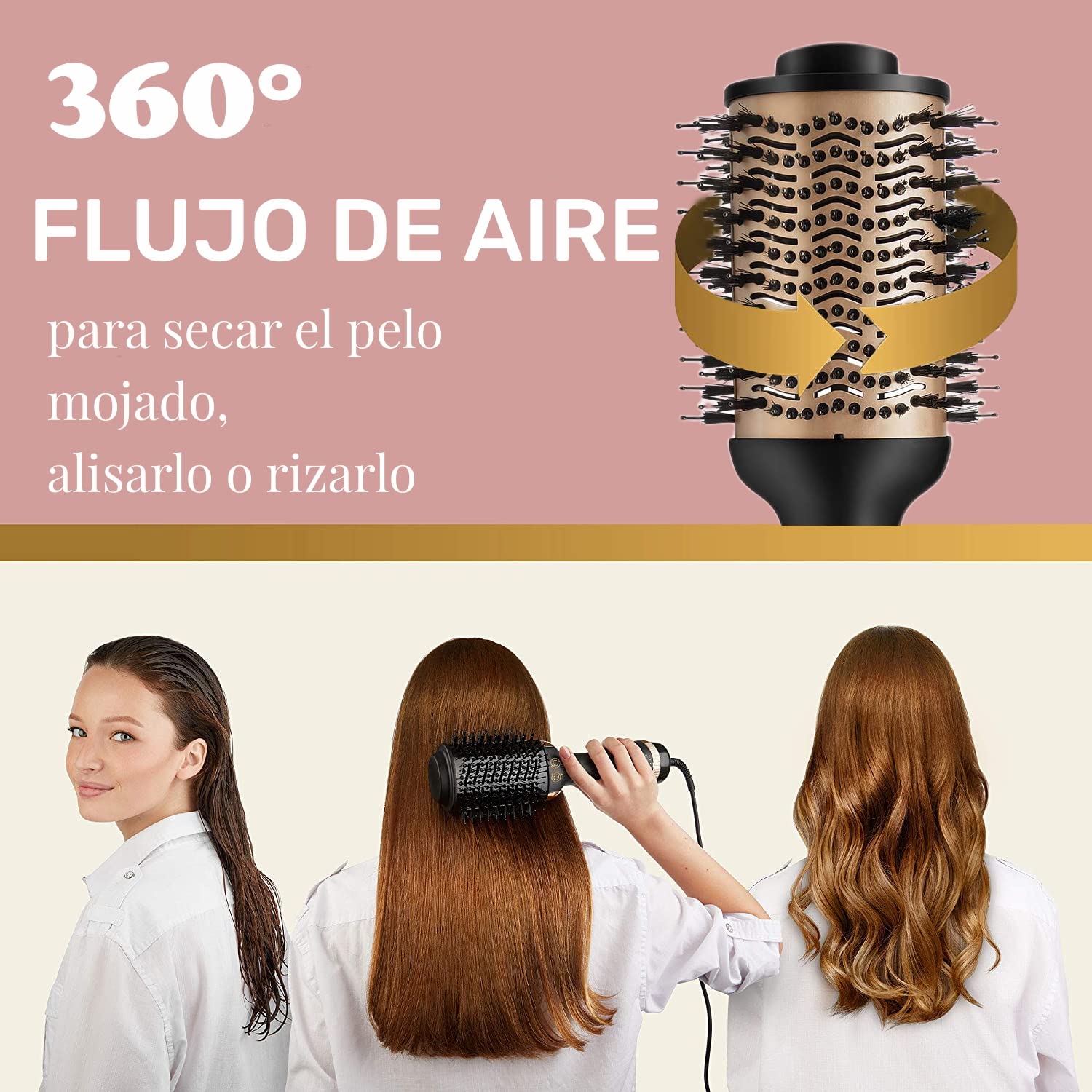 Cepillo Secador de Cabello Multifuncional, 4 en 1 Cepillo de Aire Caliente para Cabello y Voluminizador con Iones Negativos Antiencrespamiento para Secar, Alisar y Rizar | Cañón Cerámico de Titanio (Oro)
