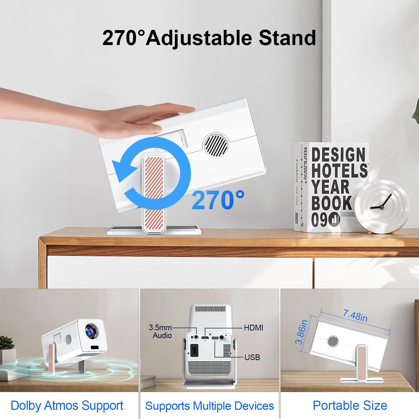 Proyector de Video XNANO Giratorio 270° Bluetooth 5.2 WiFi 6 HD 1080P con Control de Voz