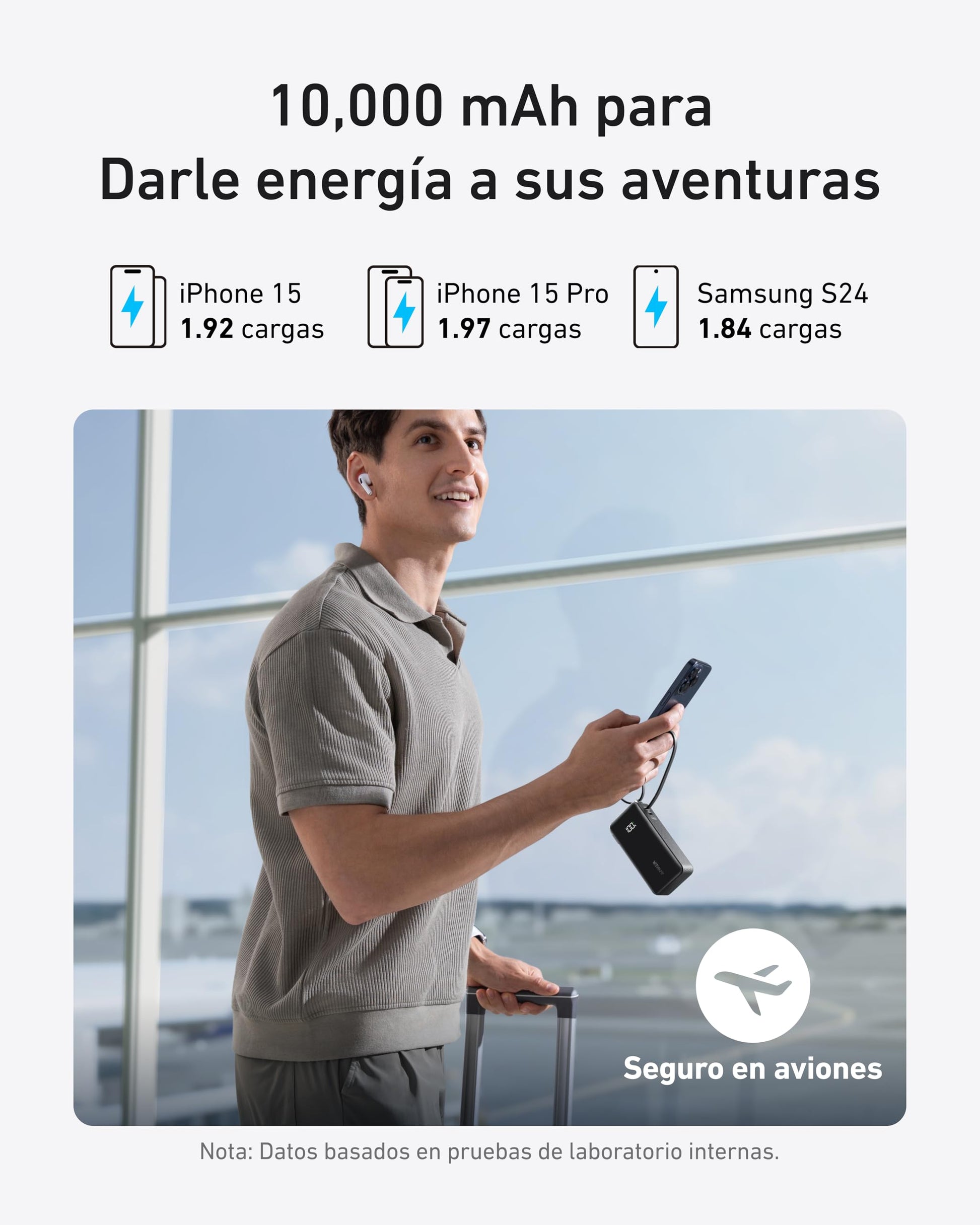 Cargador Portátil Anker USB C Negro 10,000mAh con Cable Integrado y Enchufe Plegable, Batería de 30W Máx para iPhone, Samsung y MacBook