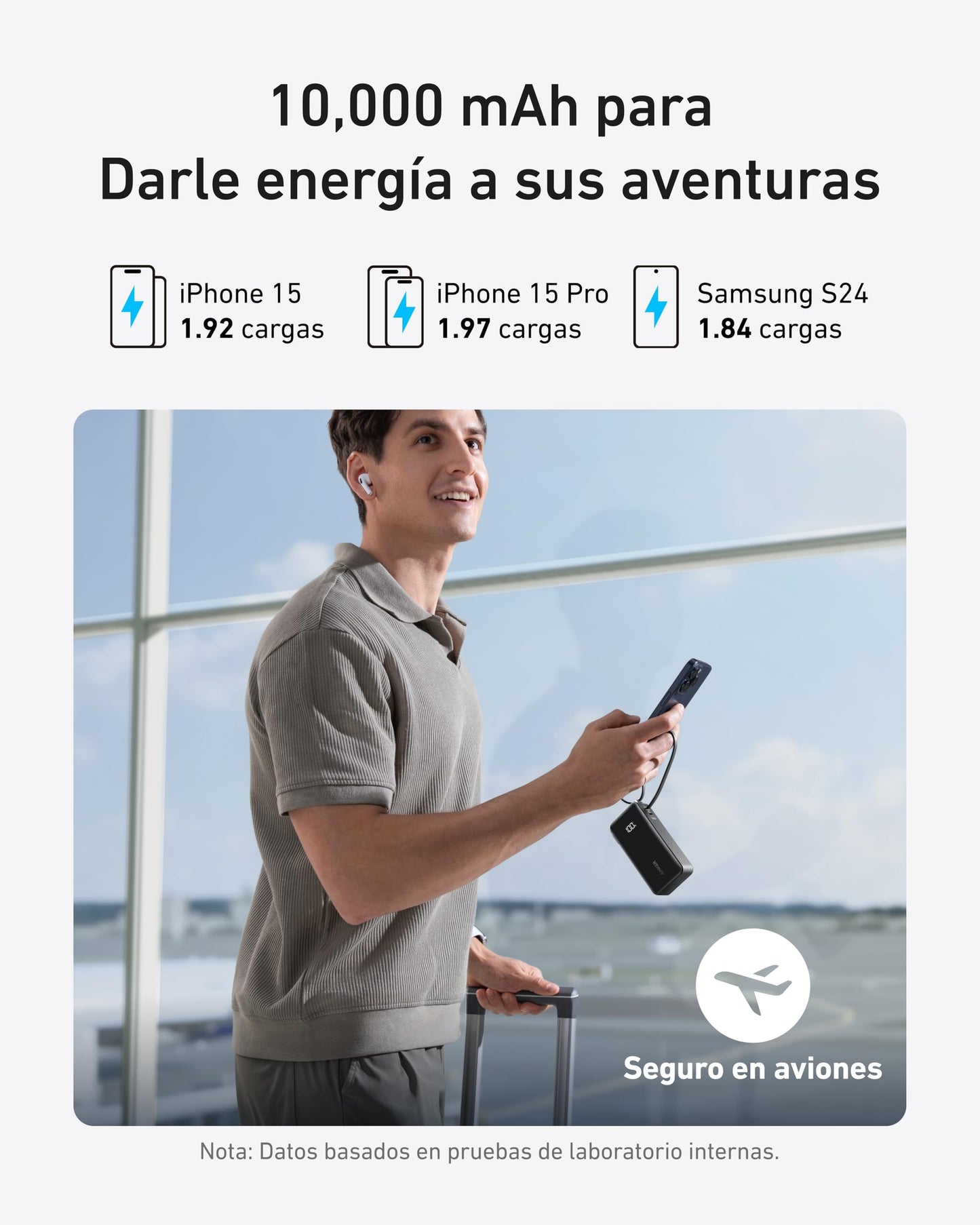 Cargador Portátil Anker 3-en-1 USB C Negro de 10,000mAh con Cable Integrado y Enchufe Plegable para iPhone 15 Series, Samsung Galaxy, MacBook