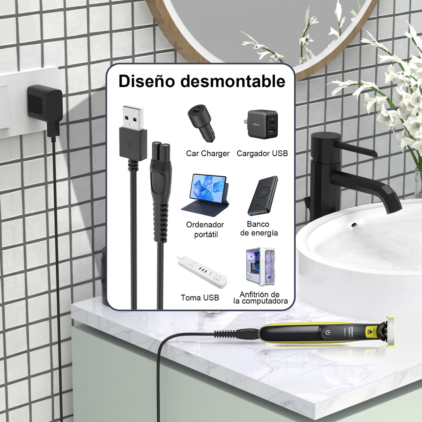 IBERLS Cargador para Philips Rasuradora Norelco OneBlade QP2724 QP2834 QP1924 MG5910 MG7910 MG9510 X3001 X5006, Cable de Carga Afeitadora Charger, Cepillo de Limpieza(5V)