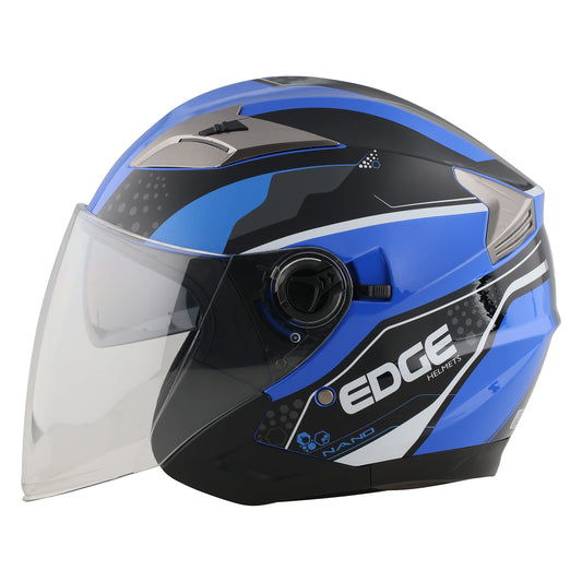 Casco Motocicleta Abierto Semi-Integral Marca Edge - Jaguar - Visor ANTIVAHO - Certificado Dot - Cascos Motocross Pegatina Pegatinas Protector Mujer Hombre (Azul Brillante, Large)