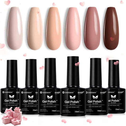 SADOWAY Esmalte en Gel Kit: Juego de 6 Colores de Esmalte de Gel Desnudo Todas Las Estaciones Tonos de Piel Rosa Marrón(6 colors Whispers of Love) (6 colors Nude)