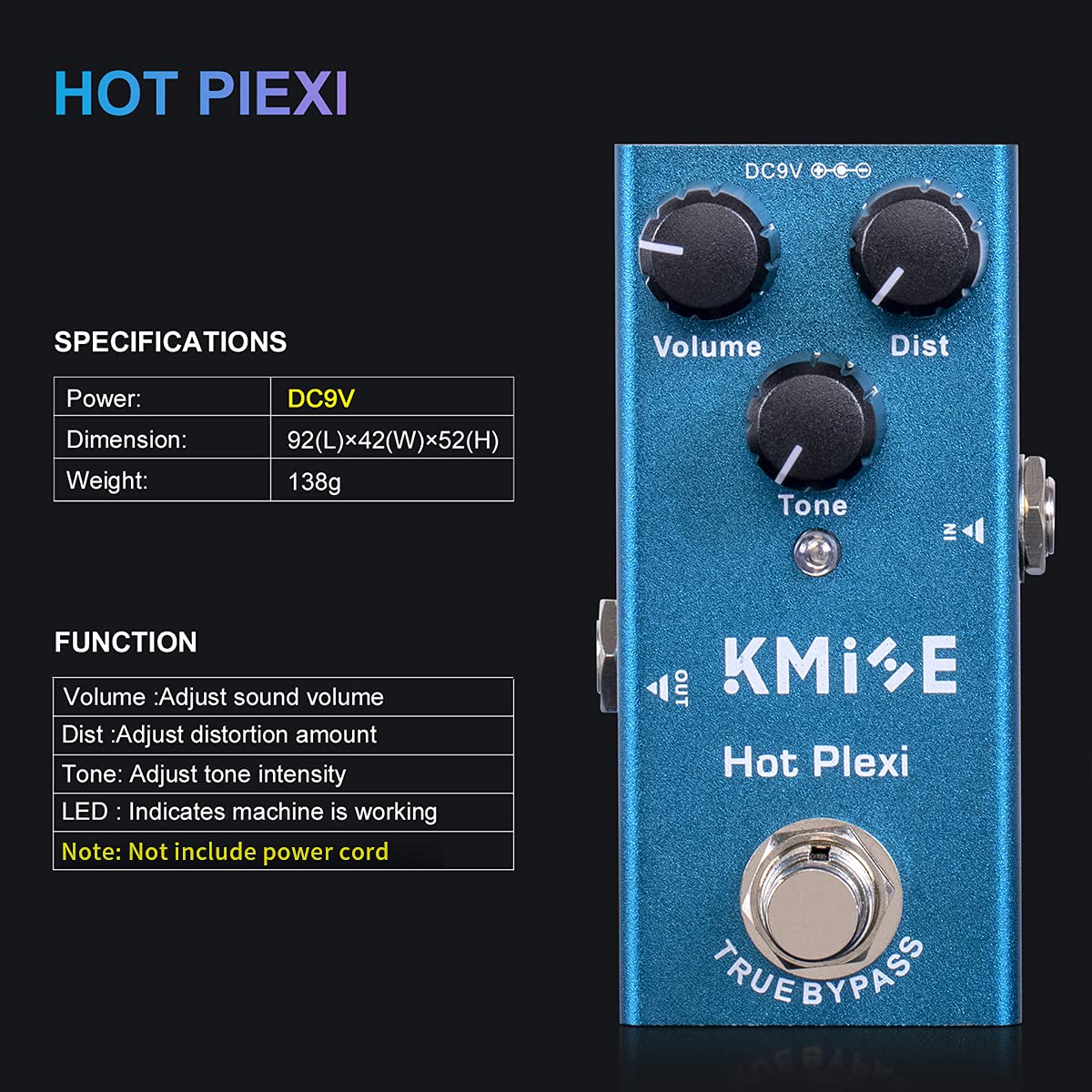 lotmusic Pedal de efectos de guitarra eléctrica Mini tipo único DC 9V True Bypass (Hot Plexi)