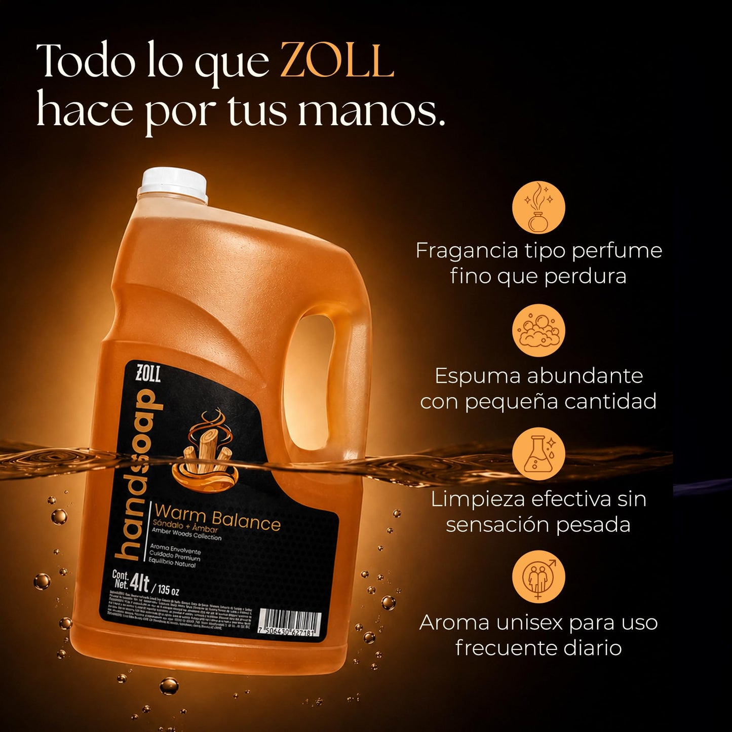 ZOLL Jabón Líquido para Manos - Warm Balance Sándalo y Ámbar - Fragancia Premium Tipo Perfume - Larga Duración - Fórmula Espumante Hidratante - Limpieza Sofisticada para Uso Diario