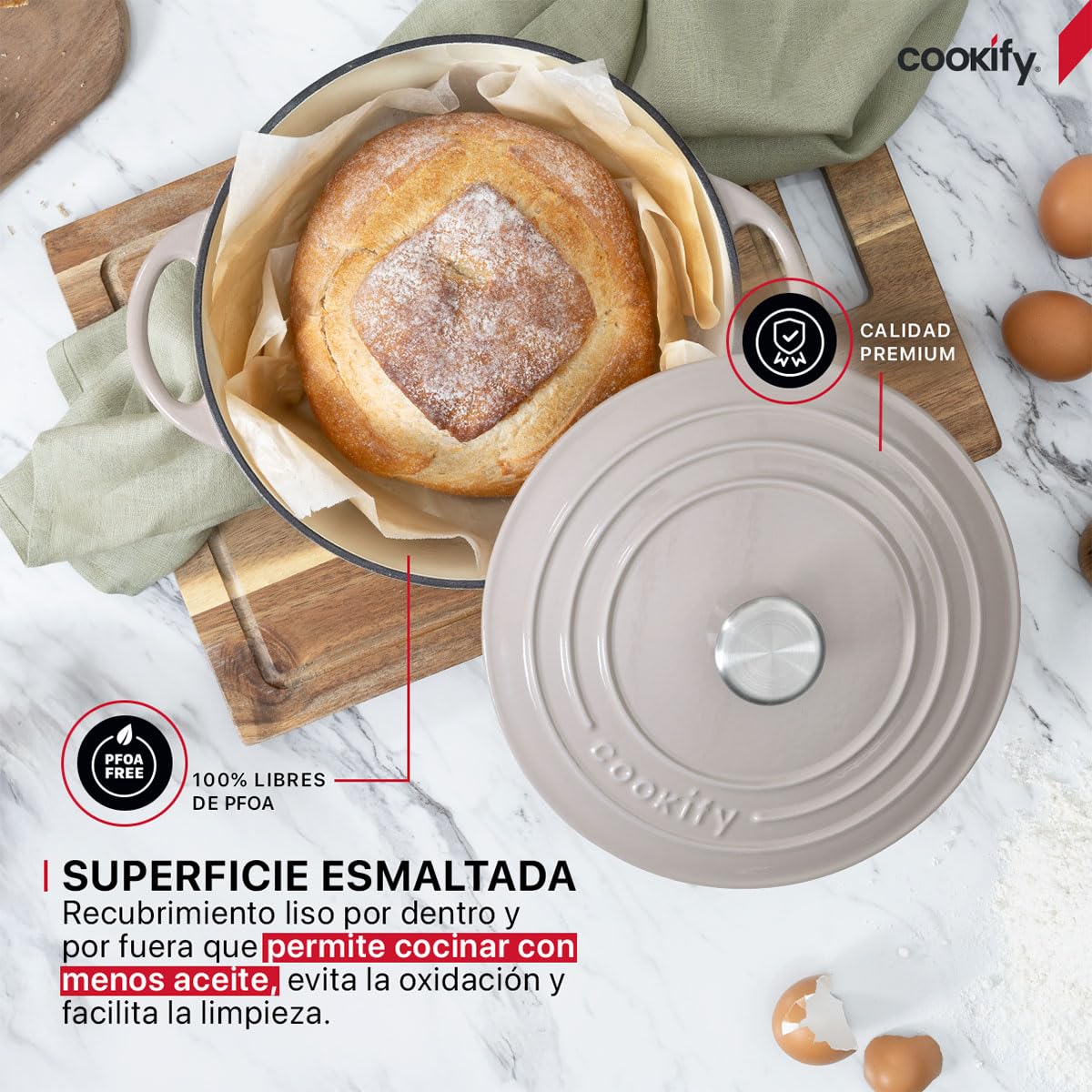 Cookify Olla de Hierro Fundido Esmaltado para Horno y Estufa, Horno Holandés Capacidad 4 Litros Dutch Oven (Taupe, 24.8 cm)