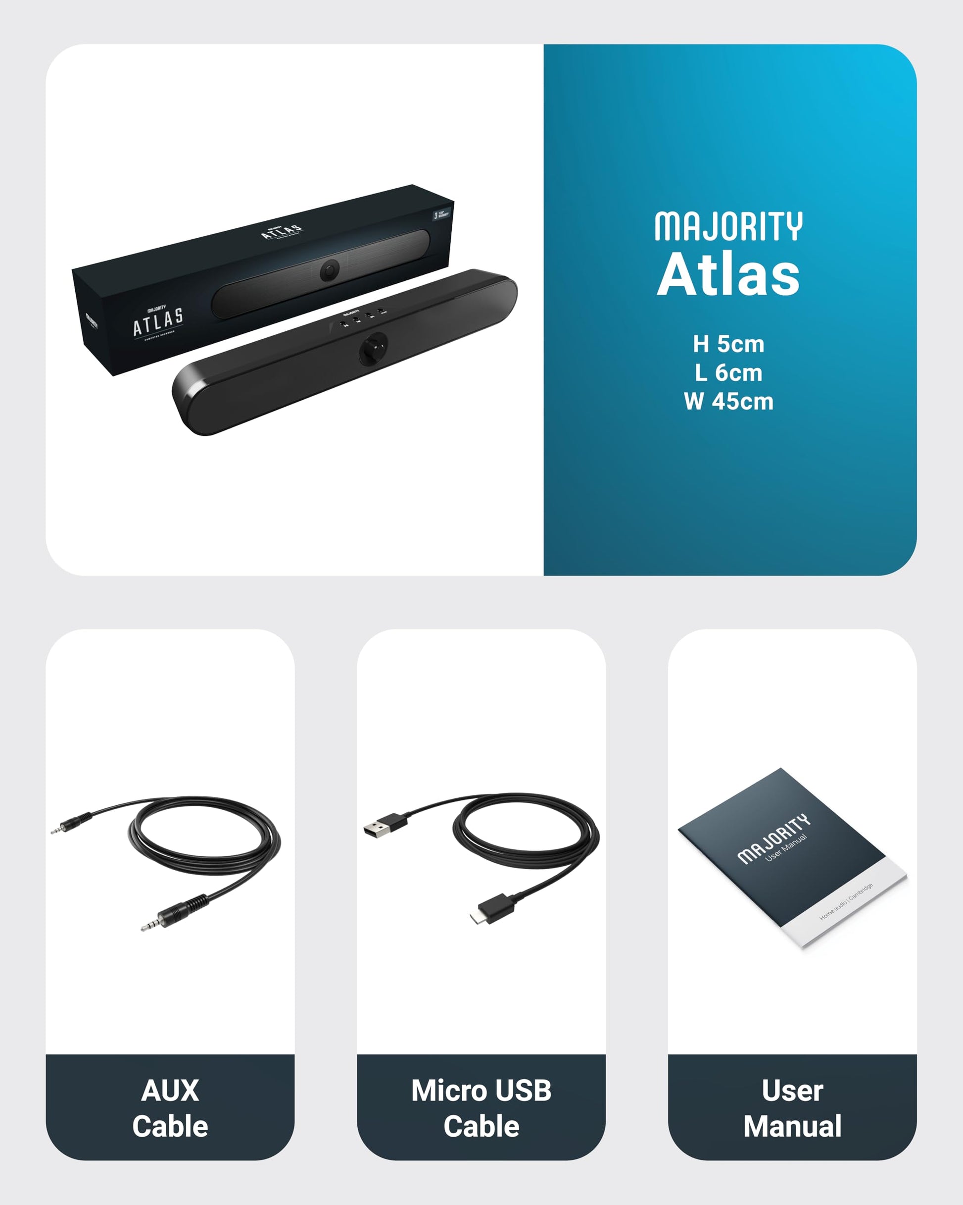 Majority Atlas - Barra de sonido portátil Bluetooth 20W, 8 horas de reproducción, control de un solo toque, USB, tarjeta SD y más