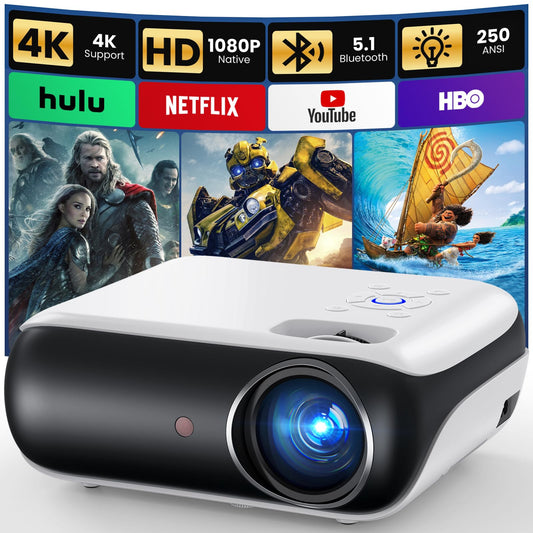 HAPPRUN Proyector, proyector Bluetooth Nativo 1080P, proyector de películas portátil para Exteriores de, Compatible con Smartphone, HDMI, USB, AV, Fire Stick, PS5