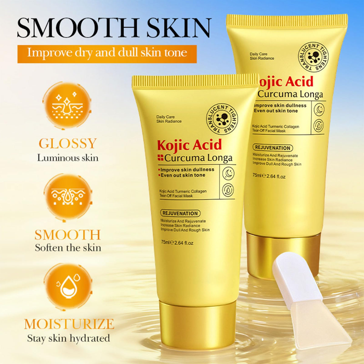 Mascarilla Facial Hidratante de Ácido Kójico, Cúrcuma y Colágeno – Gel Despegable para un Cutis Radiante, Lámina Transparente Hidratante con Brocha para Cuidado Diario de la Piel