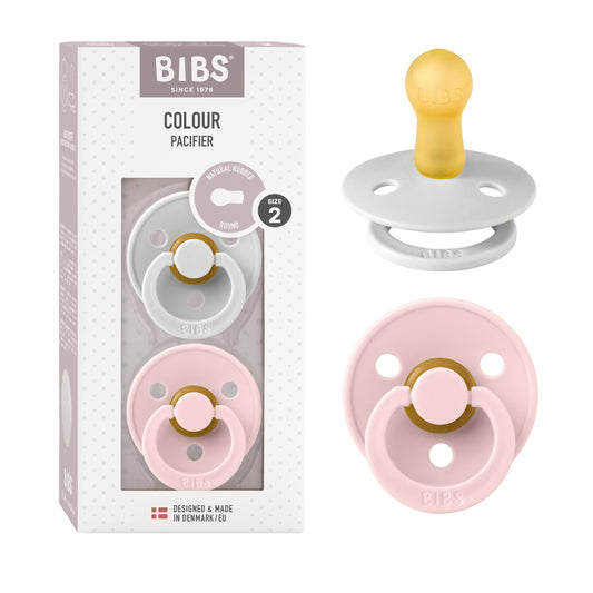 BIBS Chupones Colour Pack de 2, Tetina redonda de látex natural, Talle 2, Color Haze/Blossom,6 a 18 meses, Hecho en Dinamarca