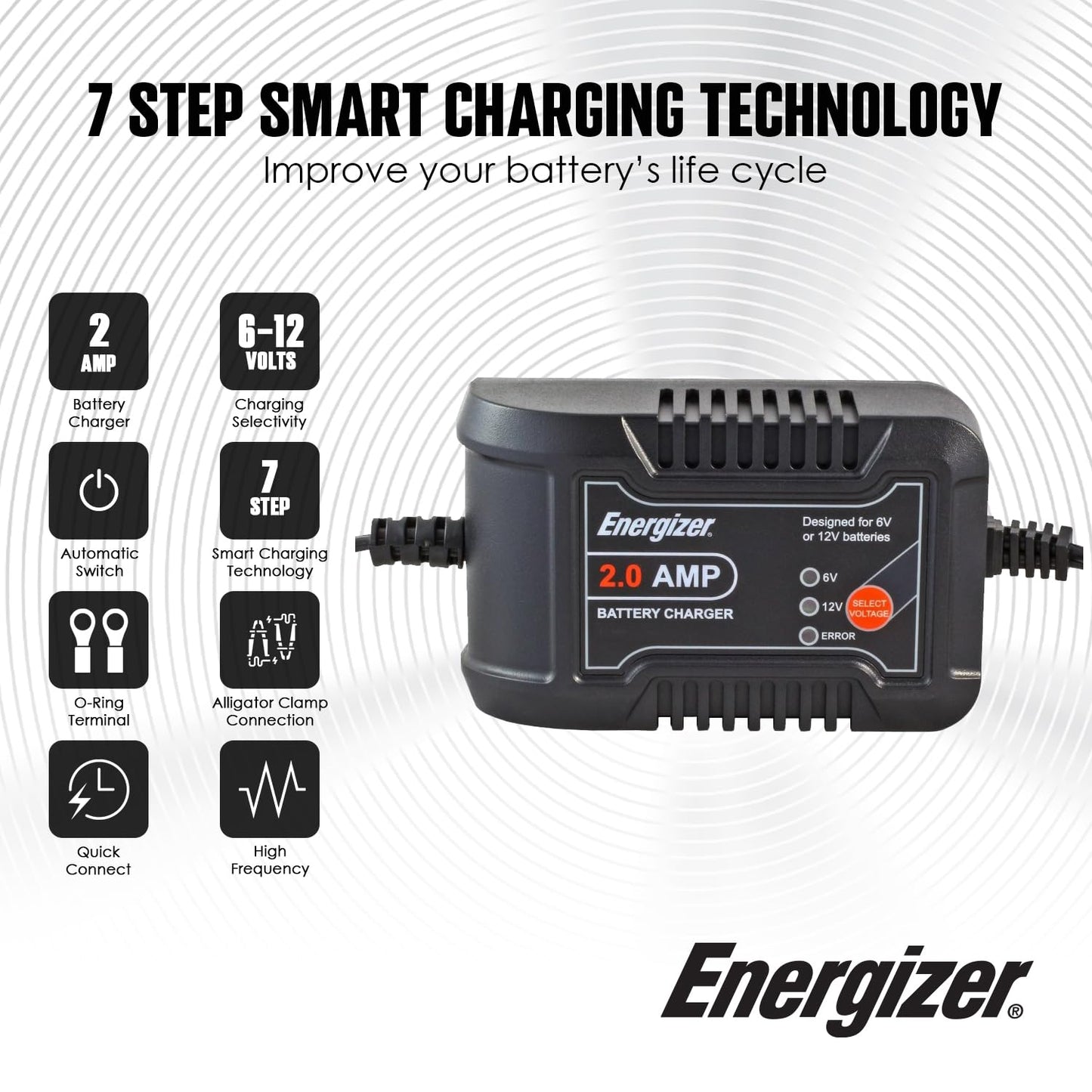 Energizer Cargador Inteligente Automático de 2 Amperios para Baterías de 6 V y 12 V - Mantenedor y Cargador de Goteo Con Tecnología de Carga Inteligente de 7 Pasos