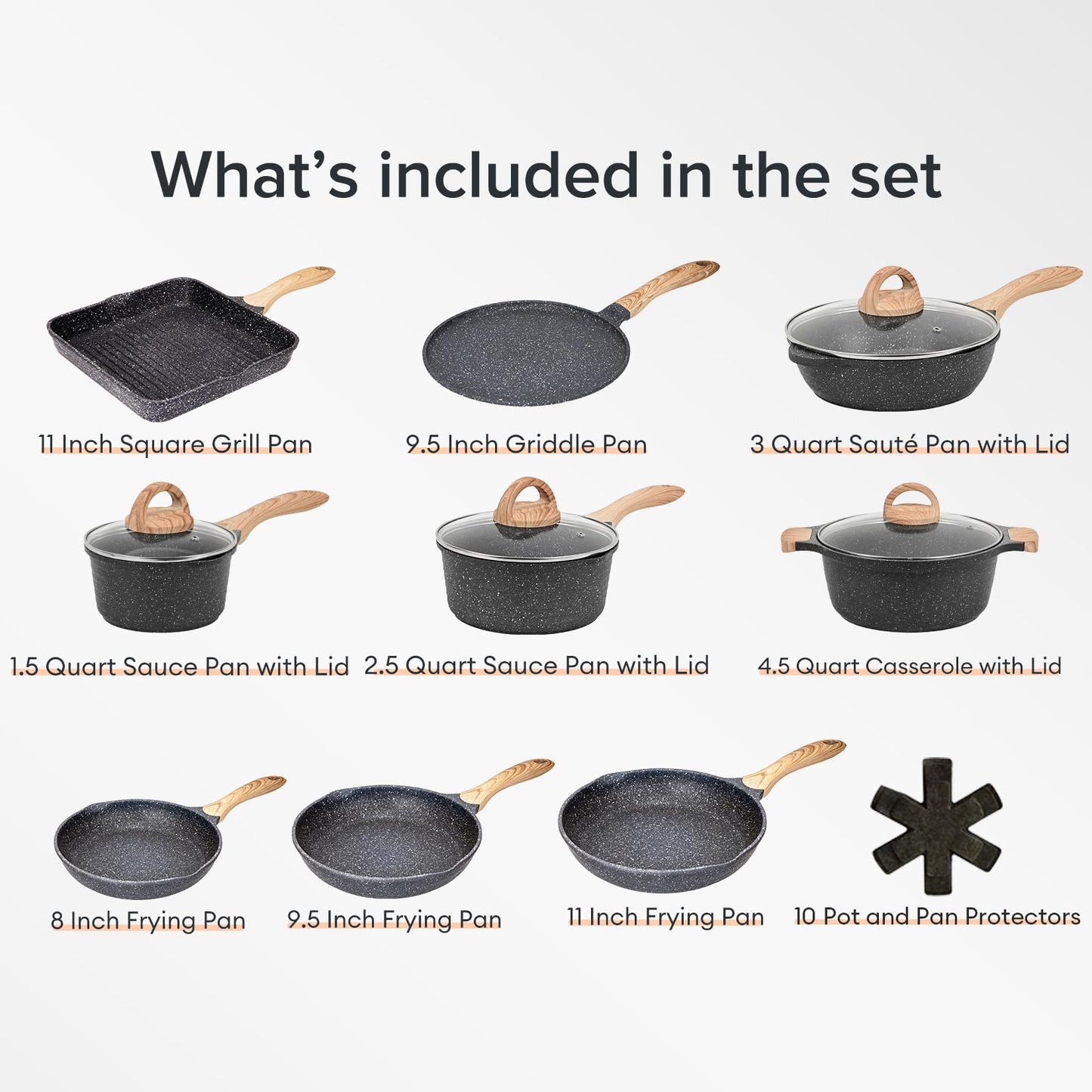 JEETEE Juego de ollas y sartenes de cocina antiadherentes, con revestimiento de granito de inducción, juegos de utensilios de cocina con sartén, cacerola, sartén, sartén, sin PFOA
